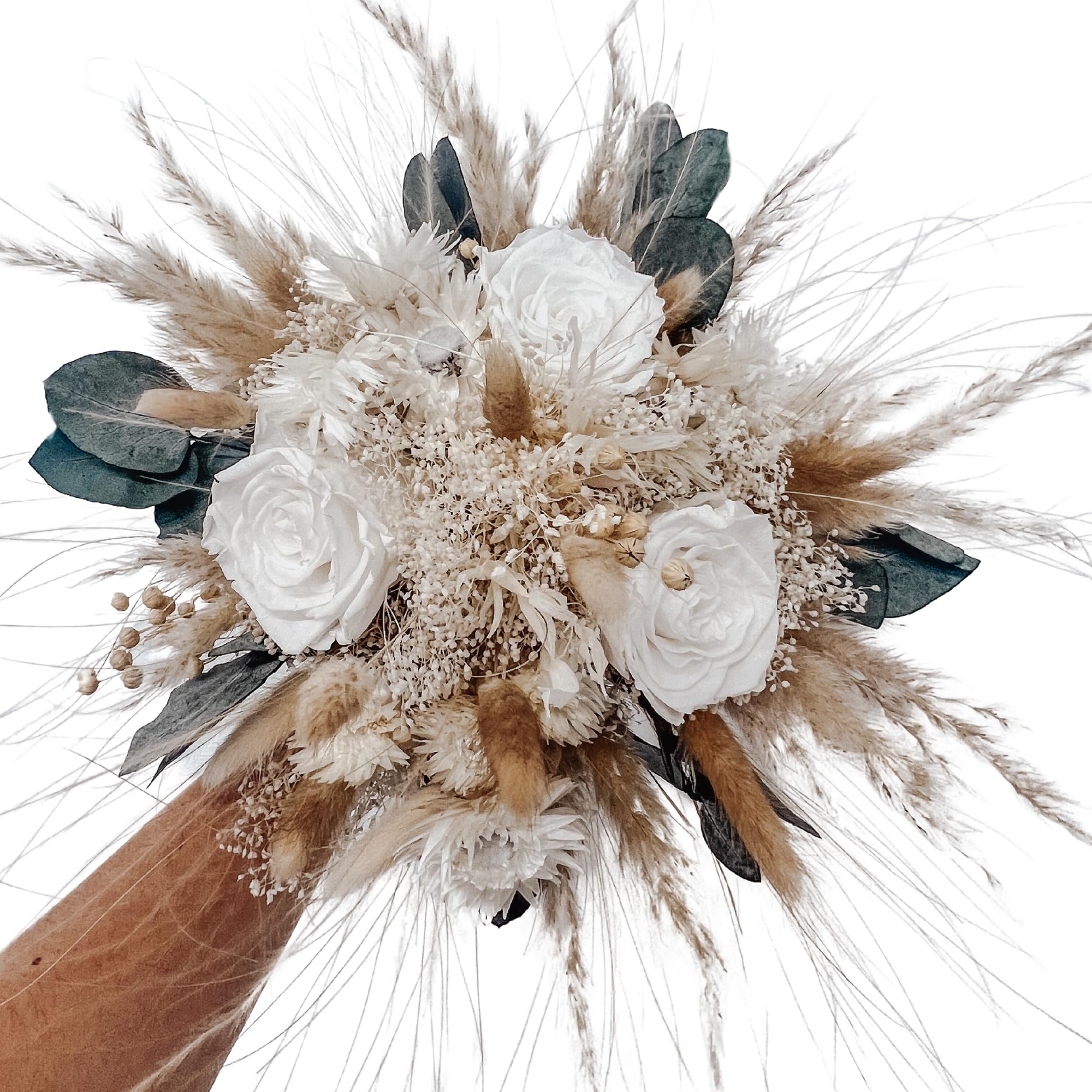 Brautstrauß Boho Bride aus Trockenblumen, Pampas, Infinity Rosen (Weiß-Grün) Küche, Haushalt & Wohnen