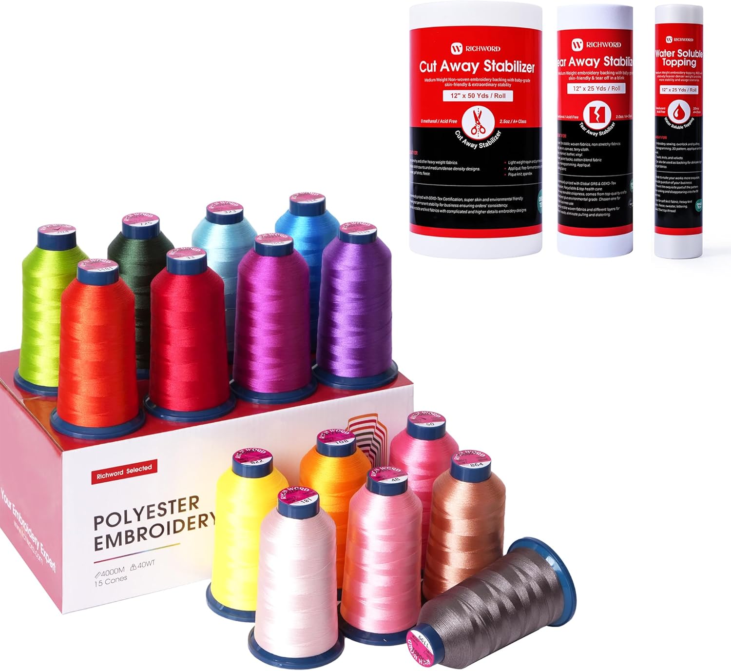15 Colors Embroidery Machine Thread+Cut Away Stabilizer 12X50+Tearaway 12X25+Wash Away 12X25