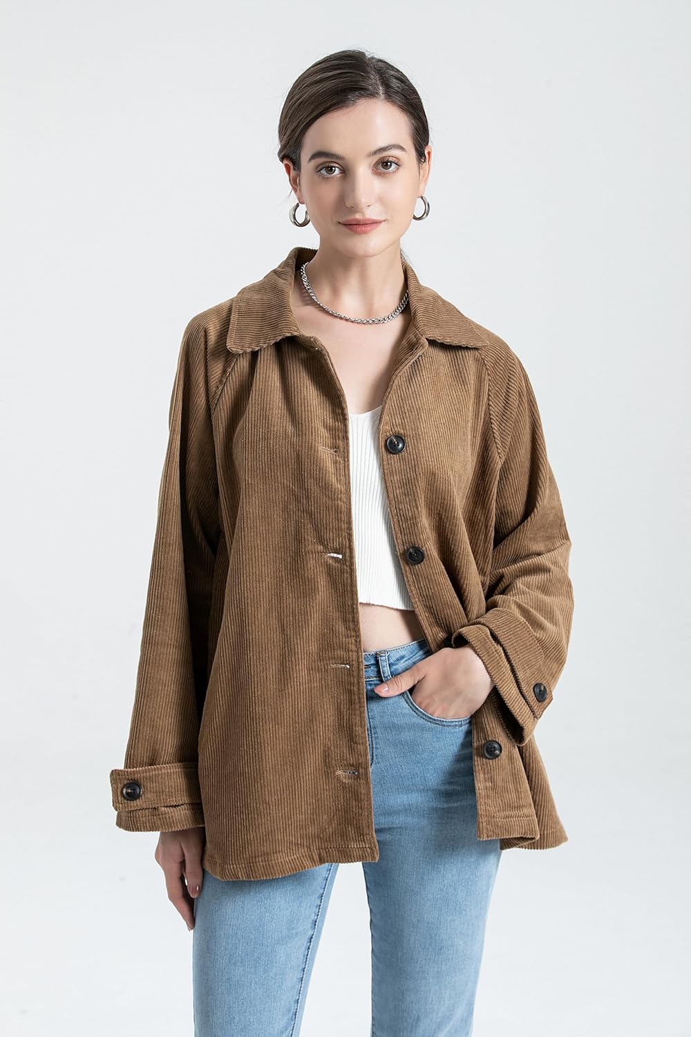 Minibee Women's Corduroy Jackets Long Sleeve Coats Button Down Outwear Tops with Pockets - Image 2