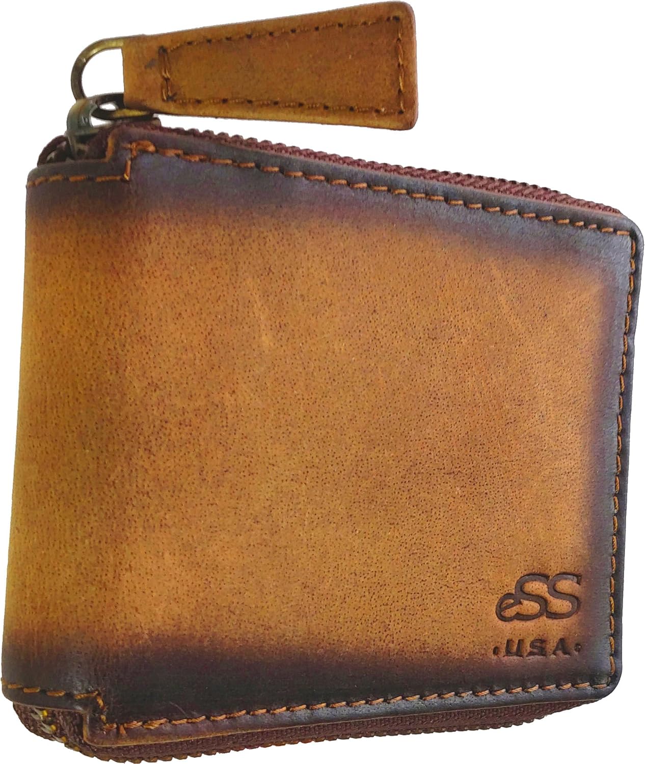 Zipper wallet for men - Real Vegetable tan Leather wallets - Credit card holder with zip coin pocket - Teak - best cool gifts for dad (4 .25" x 3.50 ")