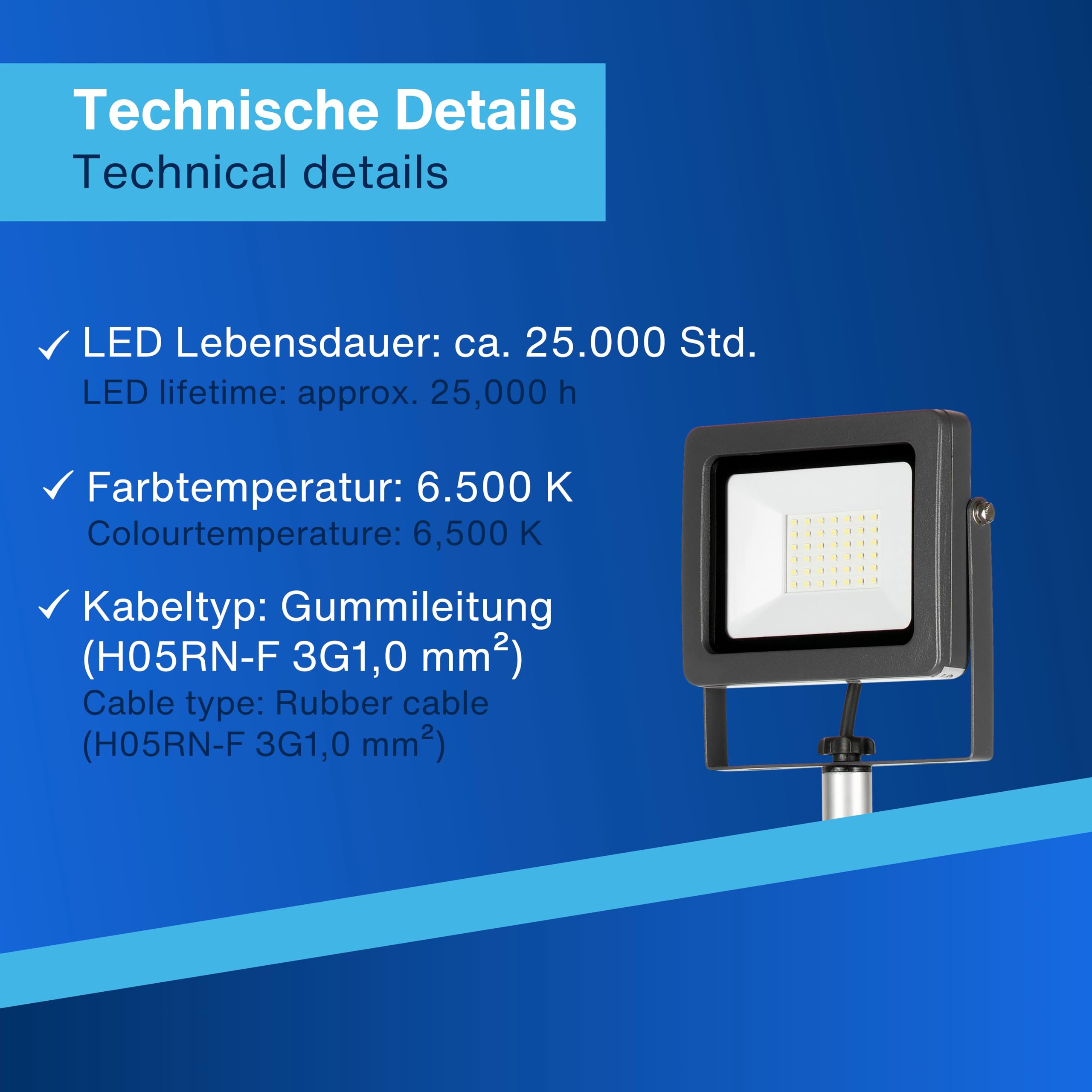 REV Baustrahler mit Stativ - 30W, 2550lm, 6500K, robuste Baustellenlampe für Baustelle, Werkstatt & Keller, Baulampe IP65 für innen & außen, silber