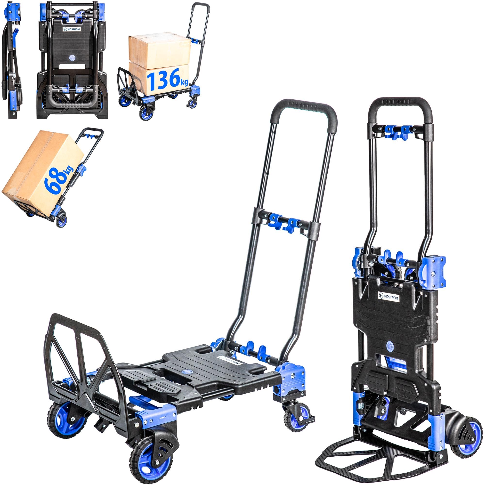 HOSTRÖM 2 in 1, Trolley with Wheels and Folding Trolley, Folding Trolley Max. 136 kg, Moving Trolley Max. 68 kg, 360° Swivel Wheels, 5 Year Warranty.