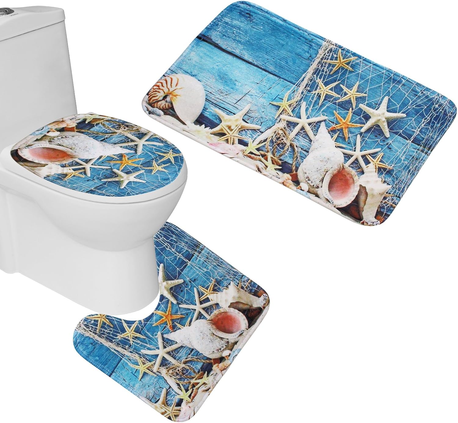 3 Piece Bath Mat Set Blue Starfish Flannel Bathroom mat Contour Toilet Cover Rug