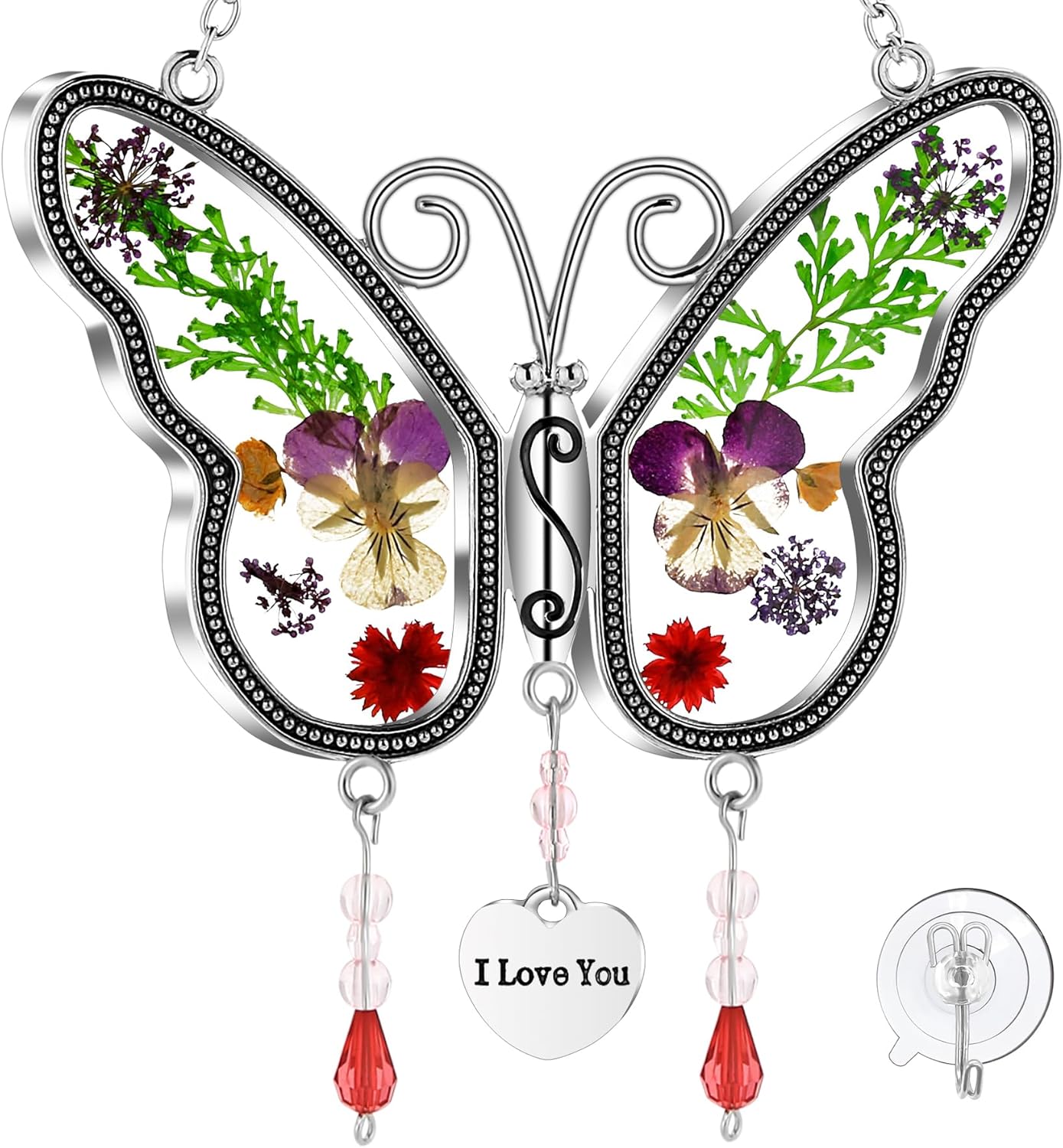 KUNDGLA Suncatcher Hope Butterfly Stain Glass Sun Catchers for Windows to Wind Chime with Pressed Flower Wings Embedded in Glass with Metal Trim Grandma Heart Charm Gifts for Birthdays Christmas
