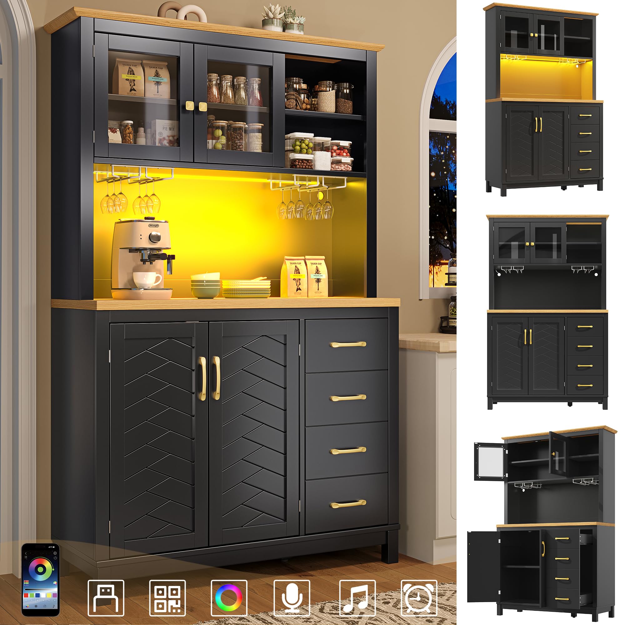 Mobile da cucina a buffet, 105,5 x 40 x 180 cm, stile rustico, 4 ante, con striscia luminosa a LED e porta bevande, verde/nero/bianco