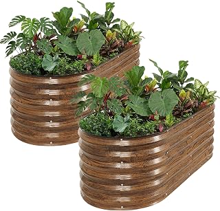 Galvanized Raised Garden Bed - 2PCS 4x2x1.4ft Metal Planter Box Brown | Oval Steel Raised Beds Outdoor for Gardening with Protective Strip and Gloves for Vegetables, Flowers, Fruits