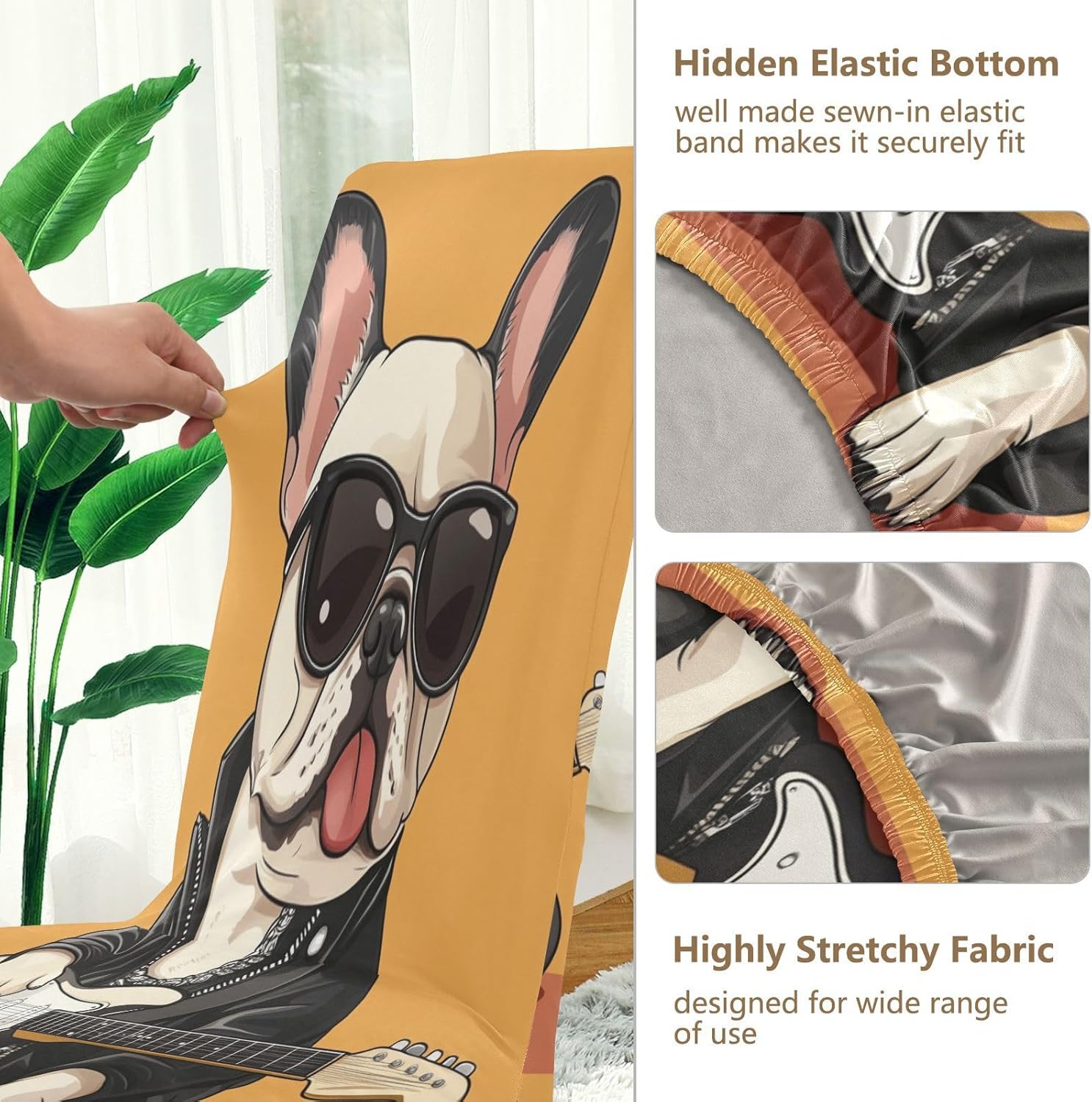 ALAZA Chair Covers for Dining Room, Cartoon Rock and Roll French Bulldog Stretch Chair Cover Sets Chair Protector Removable Washable for Ktichen Restaurant Hotel
