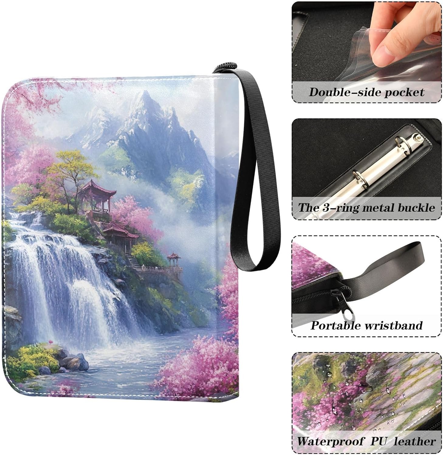 Mountain Waterfall Peaceful Garden Pink Card Binder 400 Pockets Football Card Binder Fits for Most Standard Size Cards