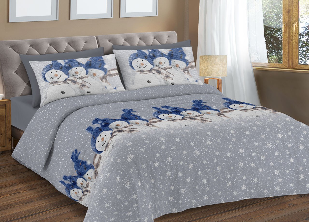 Set Lenzuola Matrimoniali In Cotone 100% CapitanCasa, Fantasia Snowman, Blu, Made In Italy