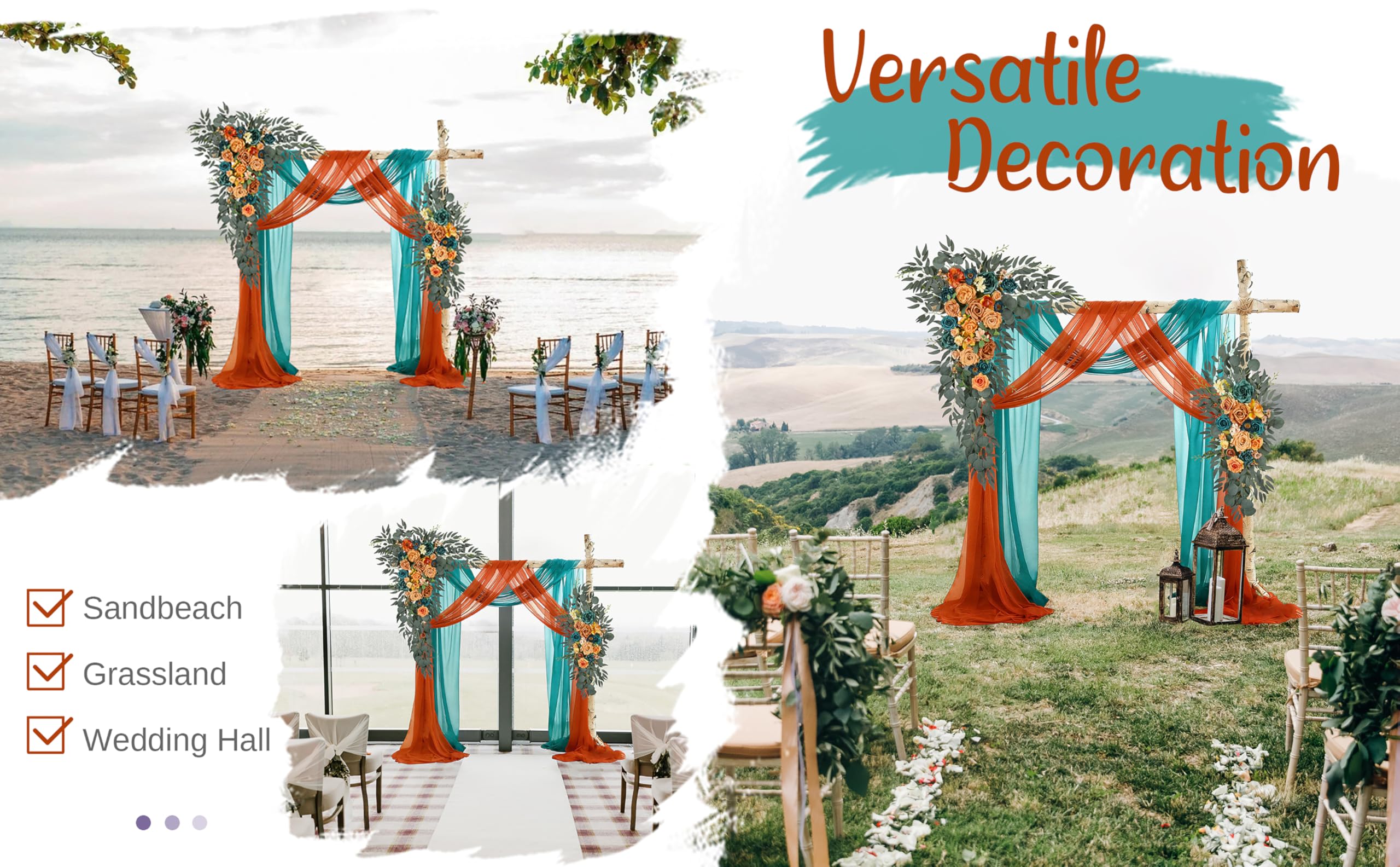 Hochzeitsbogen Blumen mit Vorhängen-Set (4 Stück) – 2 Stück künstliche blaugrüne orange Herbst-Deluxe-Girlande mit 2 durchsichtigen Vorhängen für Hochzeitszeremonie, Laube, Empfang