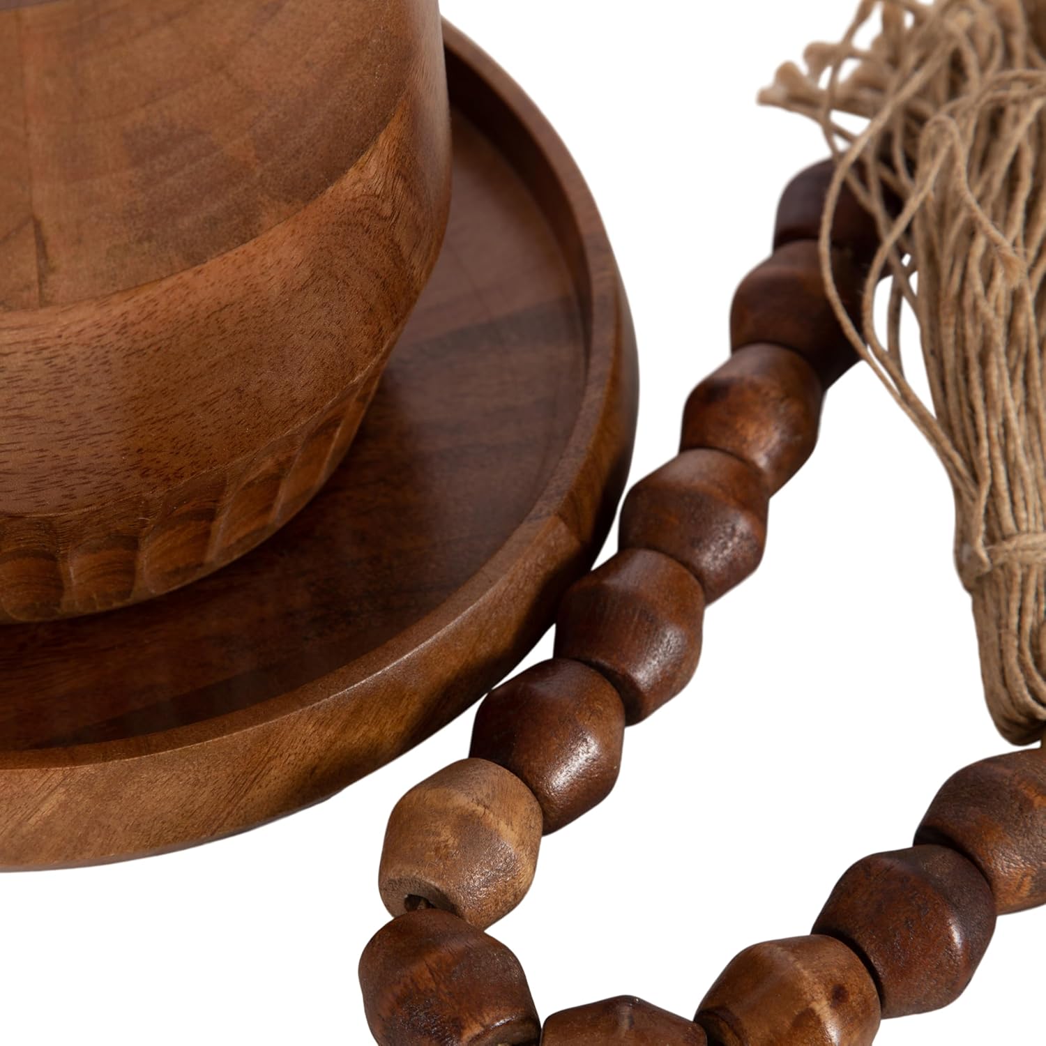 Kate and Laurel Anaya Wooden Three-Piece Decor Accent Set; Walnut Brown; Set of 3; Modern Tabletop Decor Set including Planter Pot; Accent Tray; and Beaded Rope