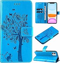 Case for iPhone 11, Leather Case Wallet Flip Cover with Card Holder Slot Flowers Design Pattern Magnetic Stand Strap Shockproof Protective Phone Case Cover for iPhone 11,Blue