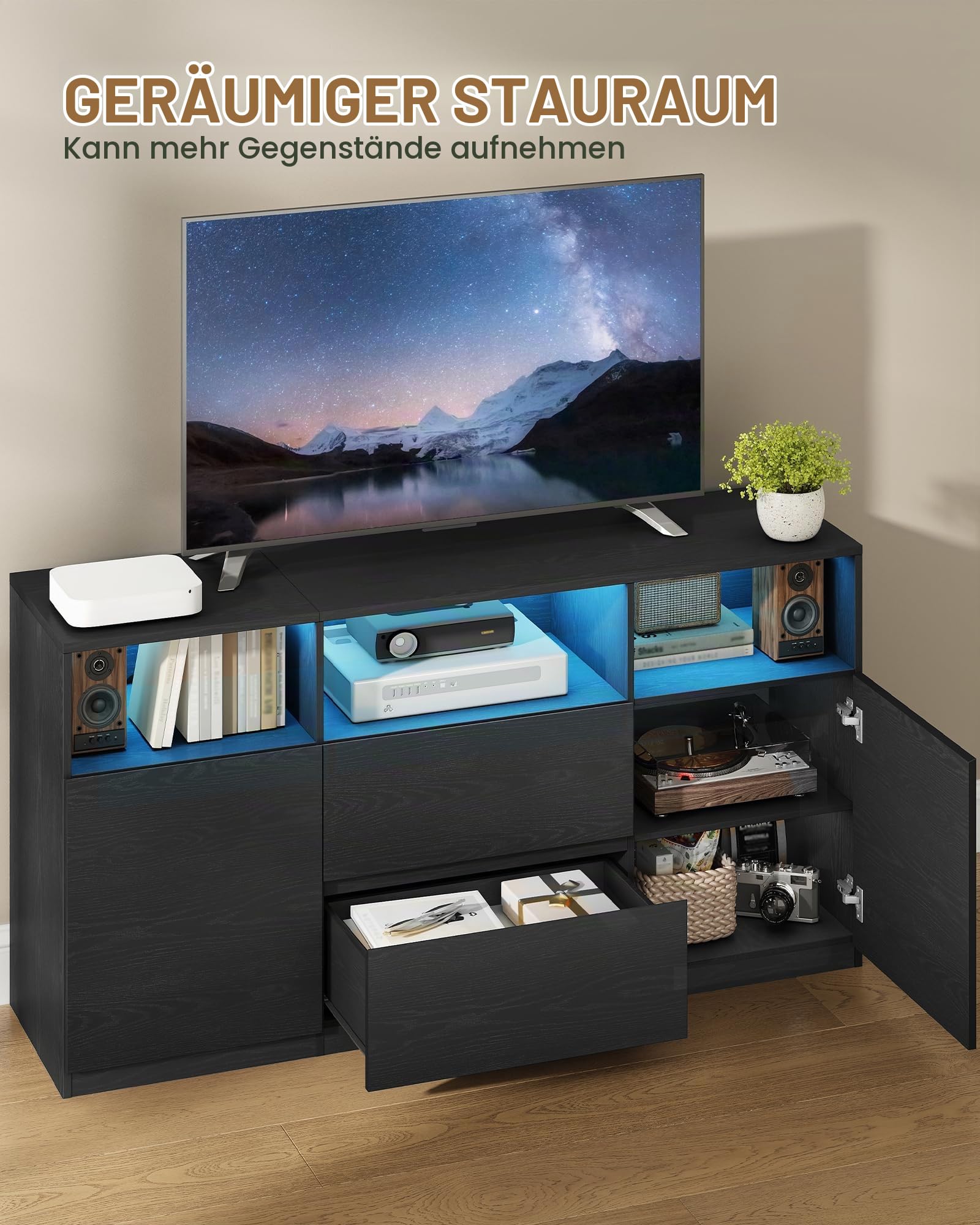 Hzuaneri TV-Schrank mit RGB LED-Beleuchtung(25 Farben), Schwarz