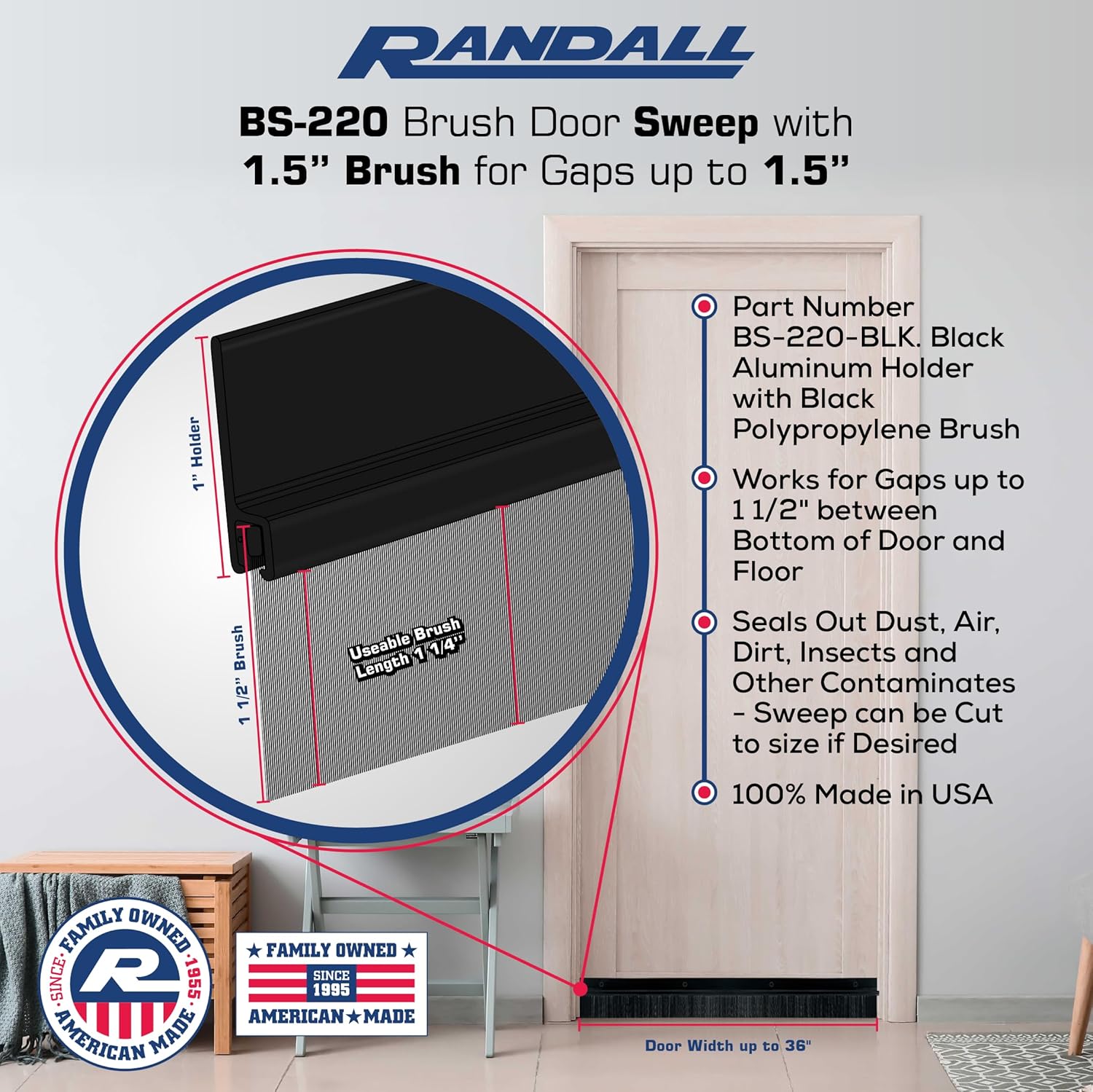 3 FT Black Aluminum Door Sweep with Black Brush Seal | Fills Gaps Up to 1 1/2” | Pre-Drilled with Matching Color Screws Included | Draft Stopper, Dust & Debris Blocker | Made in USA