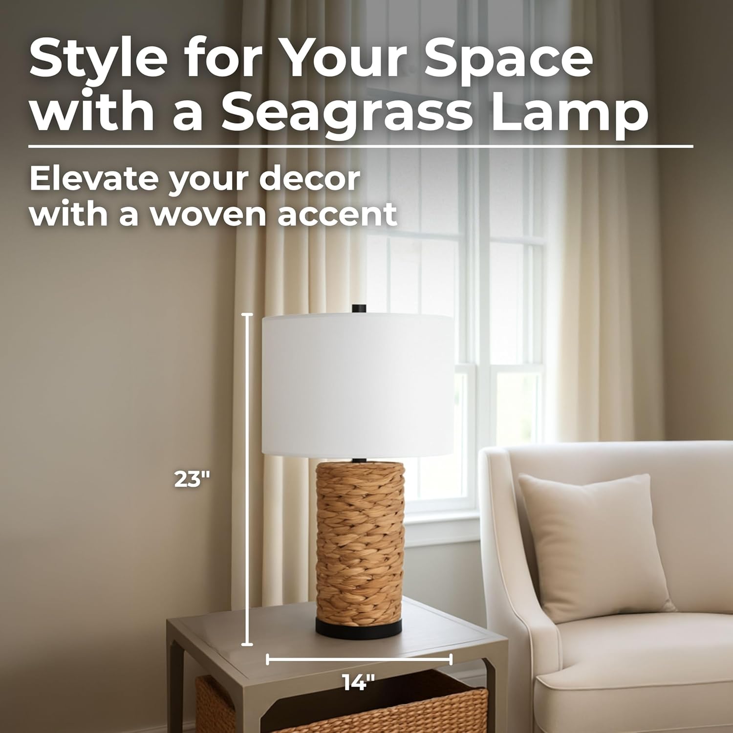 Pillar Accent Table Lamp with Woven Seagrass Pattern – Metal Decorative Lamp with White Drum-Shaped Shade – Coastal & Boho Home Decor for Any Room – 14"x26", Natural Brown