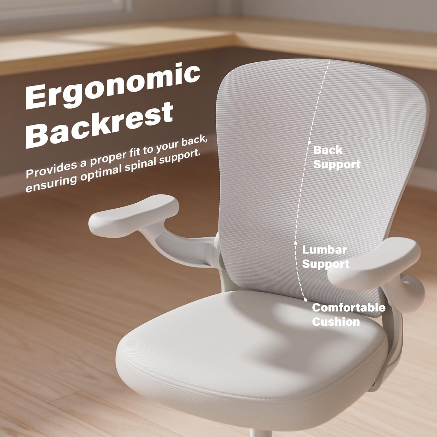 GYI Ergonomic Office Chair, Mesh Desk Chair with Adjustable Lumbar Support and 3D Flip-up Arms, Computer Chair with Wheels, All White