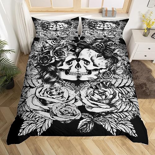 Juego de ropa de cama Mr Mrs - Juego de cama 3D con calavera de azúcar y rosa floral para pareja enamorada, 3 piezas, funda de edredón negra y