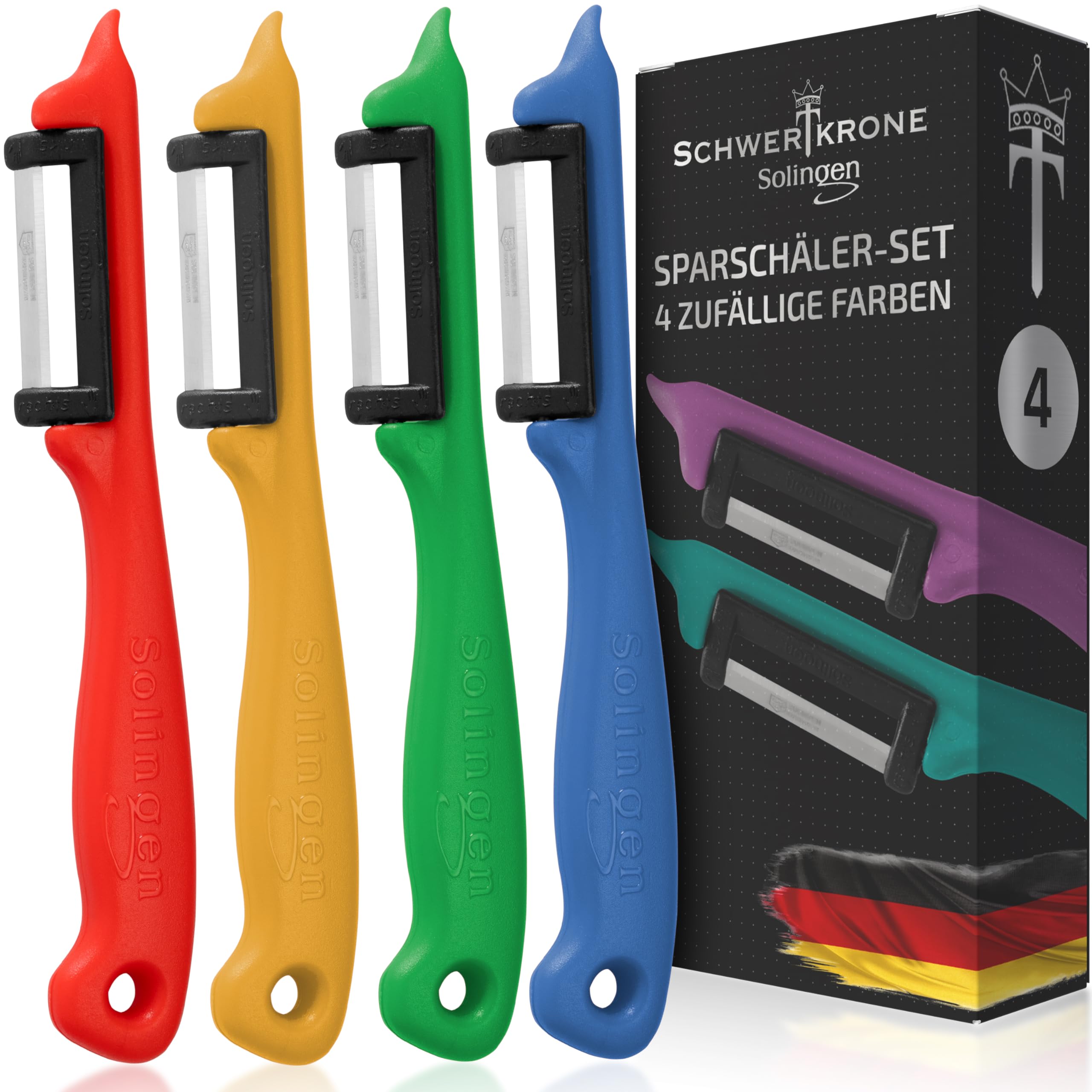 Schwertkrone Peeler for Right and Left Handed Users, Set of 4 peelers - Mixed Colours, Solingen Germany