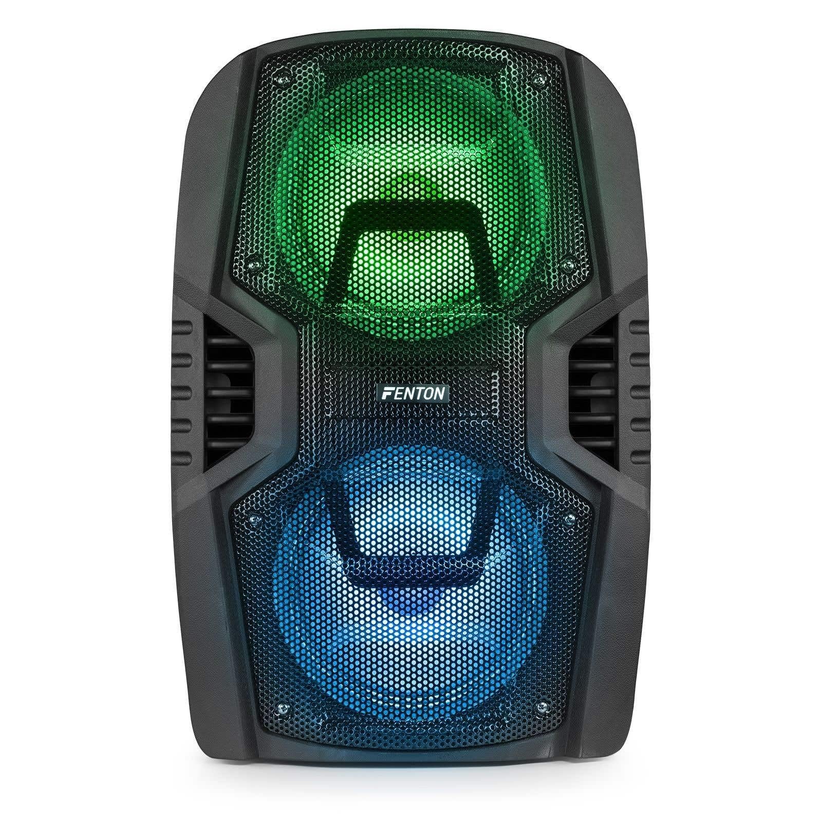 Fenton FT208LED Enceinte Sono Portable Bluetooth avec Batterie 2X 8, Puissance 500W, Enceinte Portable avec roulettes, USB, SD, AUX, Micro Filaire, Eclairage LED, Idéal pour Soirées et Animations