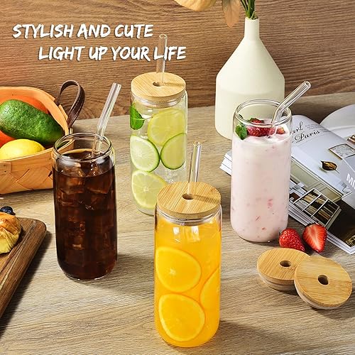 Miniatura 3 de Vasos para beber de 20 onzas con tapas de bambú y popote de vidrio, 6 vasos de vidrio, vasos de café helado de cerveza, lindos vasos estéticos,