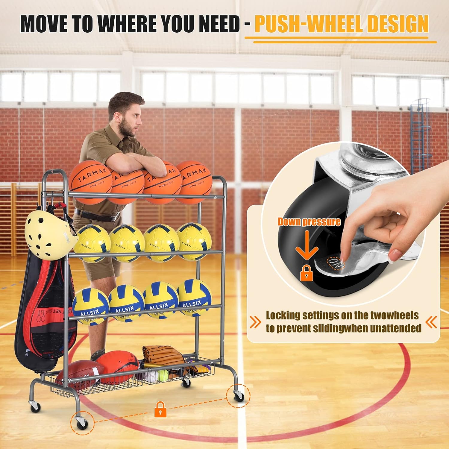 FHXZH Ball Storage Garage, Basketball Racks, Ball Holder, Rolling Sports Equipment Storage Cart with Baskets and Hooks, Garage Sports Equipment Organizer with Wheels : Sports & Outdoors