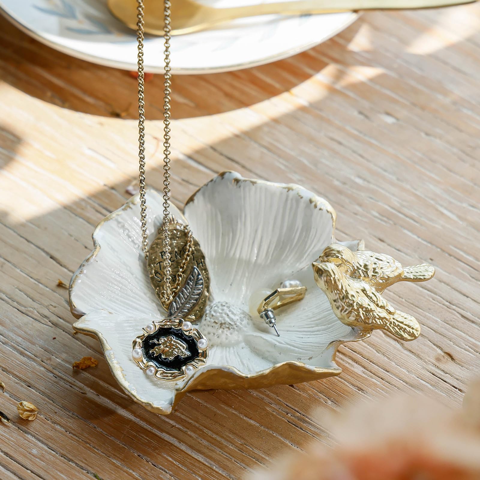 Petit plateau à bijoux vintage décoratif avec coupelle à bague oiseau