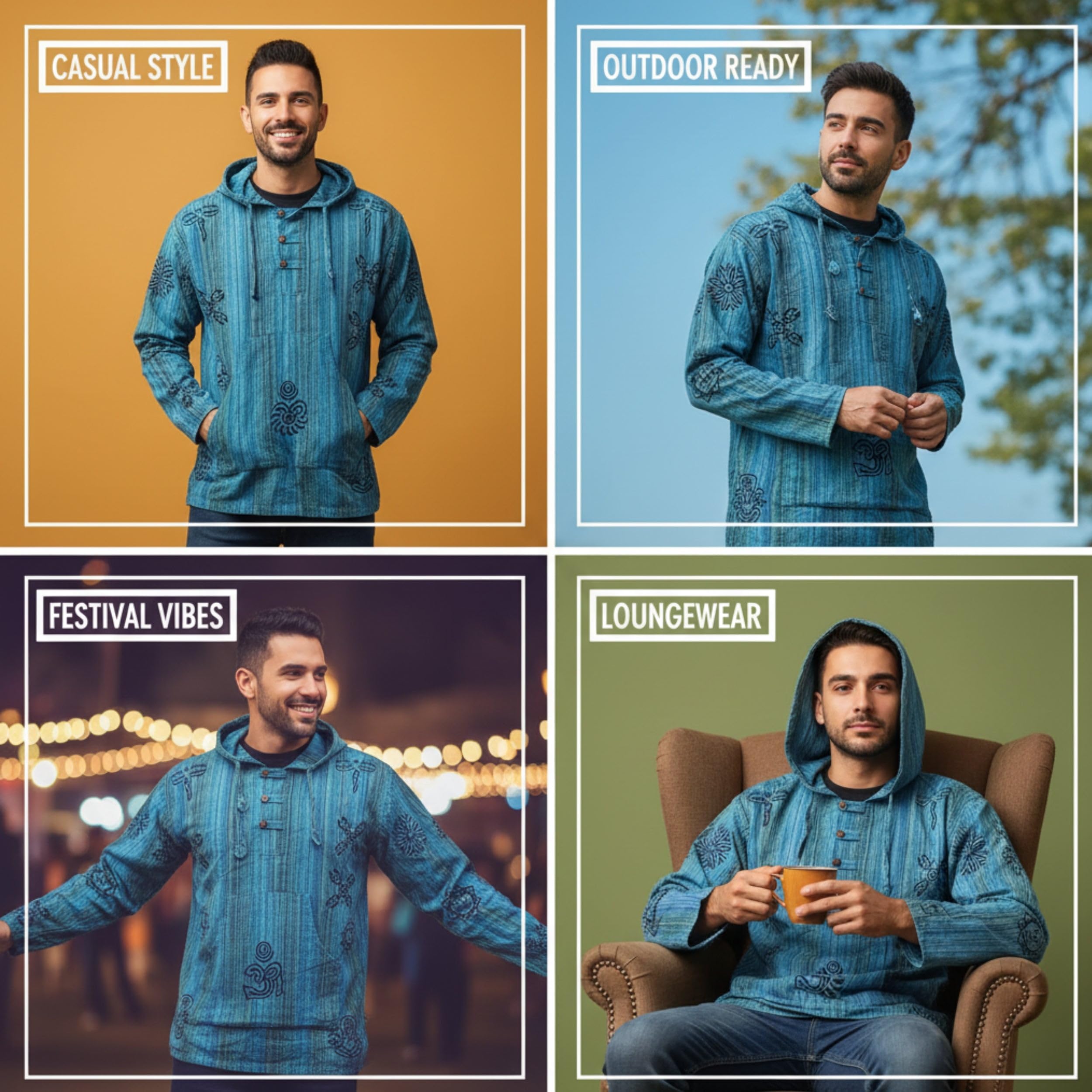 Shopoholic Fashion Felpa con Cappuccio da Uomo a Righe slavate, a Maniche Lunghe, Hippy, Leggera