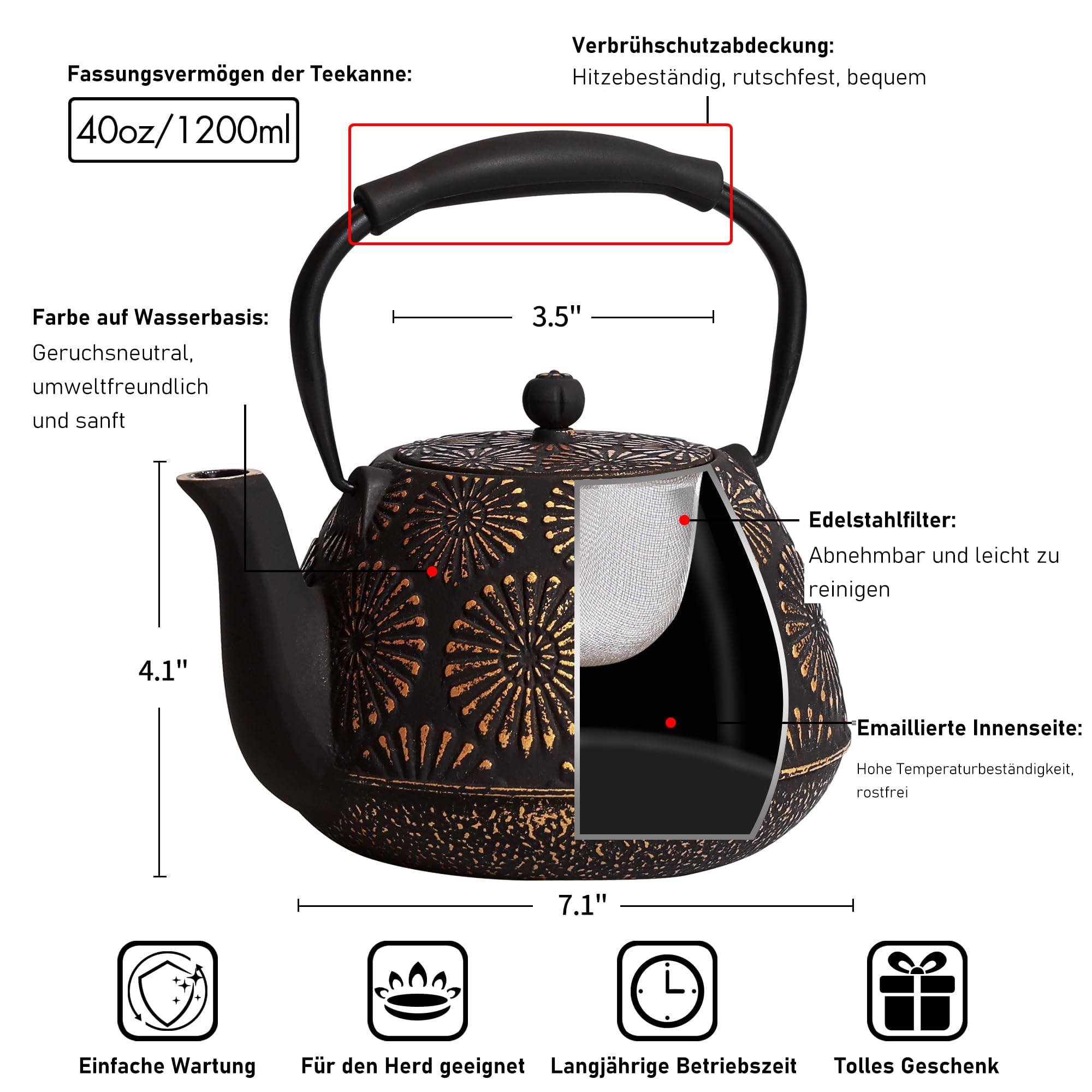Théière en fonte avec infuseur pour plaque de cuisson, théière japonaise Sakura pour thé et café, revêtement intérieur émaillé, poignée en silicone, 1200 ml, noire