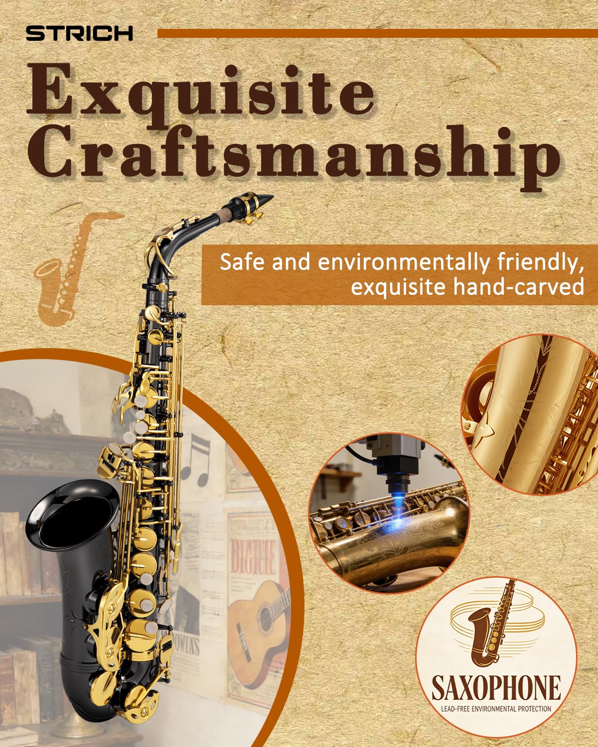 STRICH Eb-Altsaxophon – Einsteiger-Set für Altsaxophon mit Hartschalenkoffer, Ständer, Tragegurt, Mundstück und Blättern für Schulorchester und das Üben zu Hause, SSA-31B, schwarz