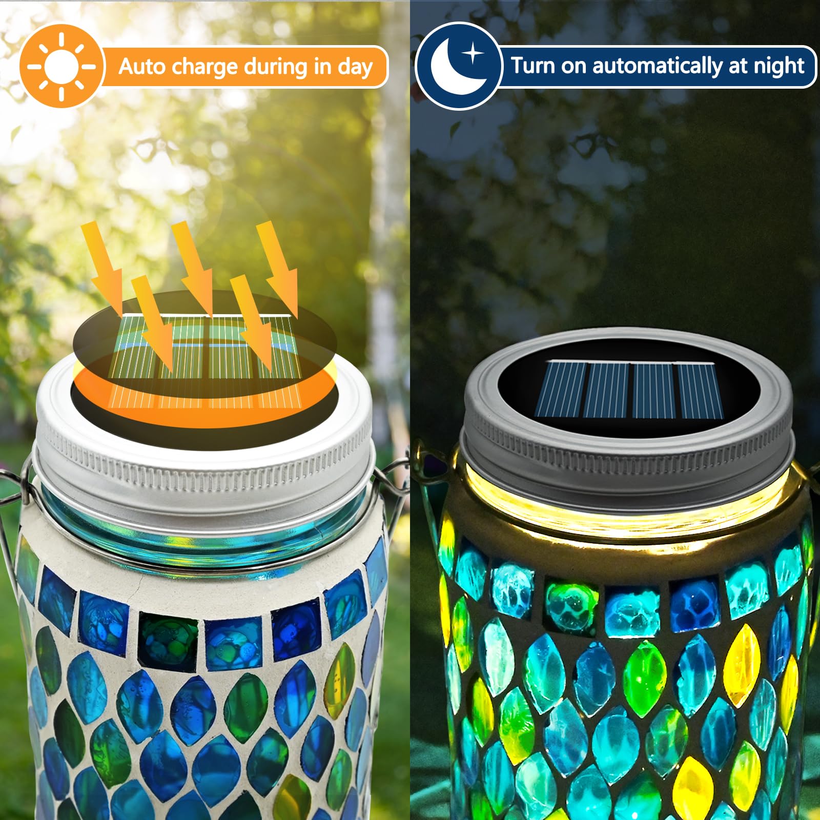 2PCS Mosaic Solar Lights Outdoor Garden, On/Off Glass Hanging Solar Mosaic Lanterns Lights IP65 Waterproof for Table Lawn Path Courtyard Deck Fence, Blue Mosaic Glass - 3