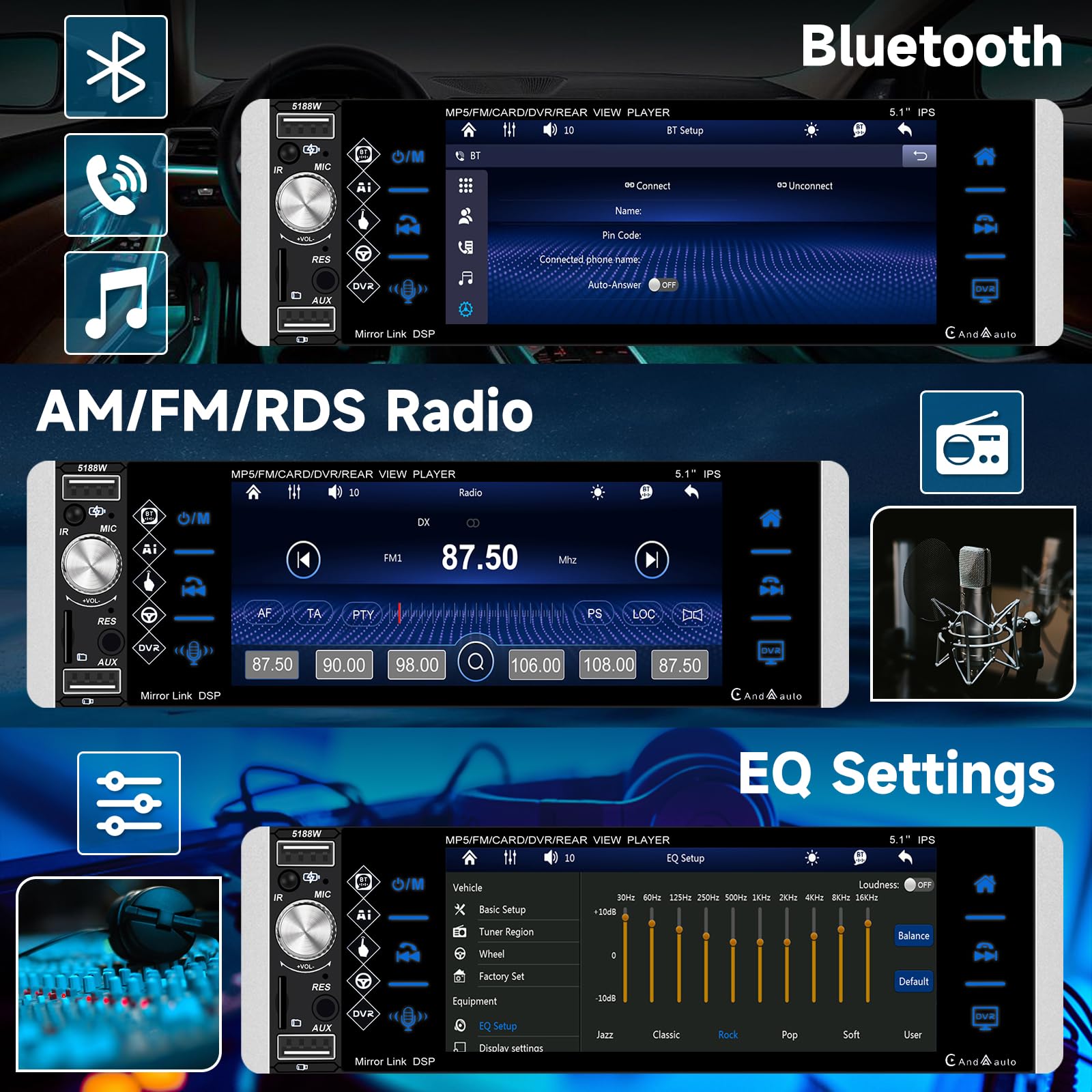 Autoradio 1 Din Avec Carplay Sans Fil Et Android Auto - Écran IPS 5,1 Pouces, Bluetooth, Caméra De Recul - 2