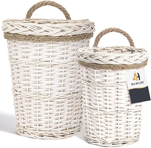AceList Juego de 2 cestas colgantes de pared hechas a mano, cestas de pared de mimbre tejidas perfectas para decoración de pared rústica bohemia