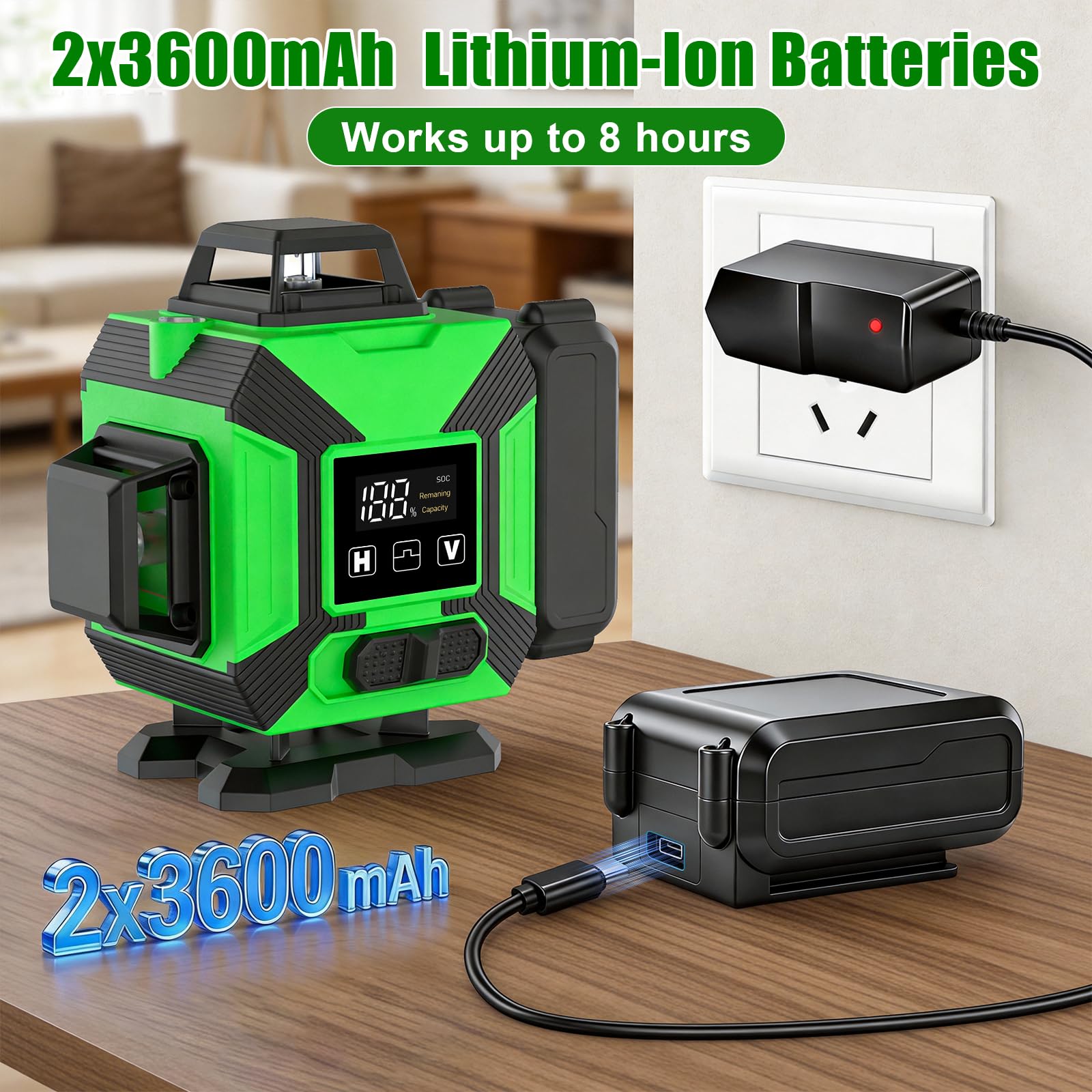 Livella Laser Autolivellante con Treppiede, 4 x 360° Laser a Linee Incrociate, Livella Laser Verde Regolabile Luminosità, Dispositivo di Livellamento con 2 x 3600 mAh Batteria per cantieri Interni DIY