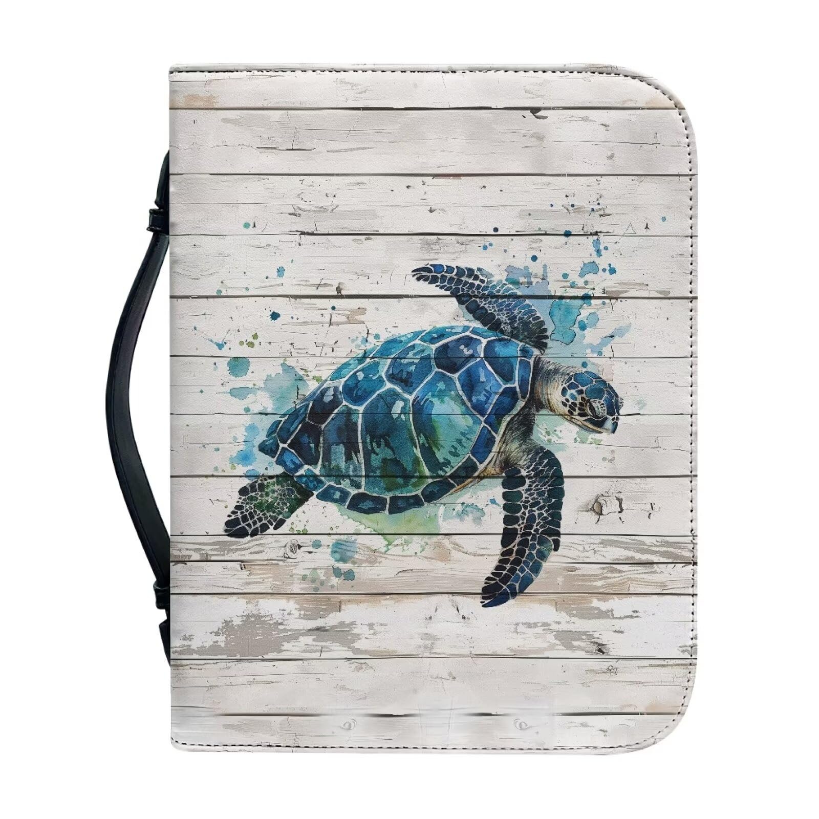 Talayituse Turtle Wood Print Faux Leather Bible Cover for Men Women Boys Girls Paint Splatter Design Christian Bible Case with Handle Book Carrying Case Bible Protector Bible Tote Bag Handbag, L — image 1
