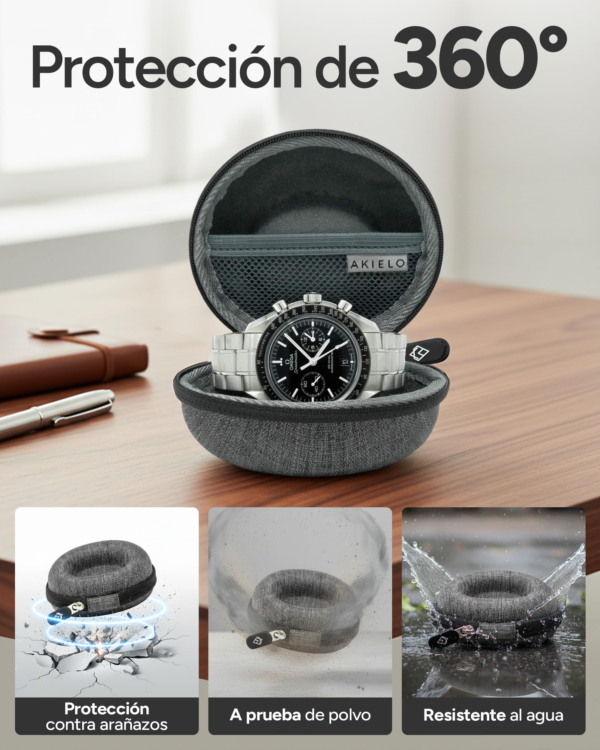 AKIELO Caja para Relojes de Viaje con Paño de Limpieza y Caja Regalo – Compatible con Relojes de Pulsera para Hombre y Mujer y Relojes Inteligentes de hasta 54 mm (Edición Gris Carbón)