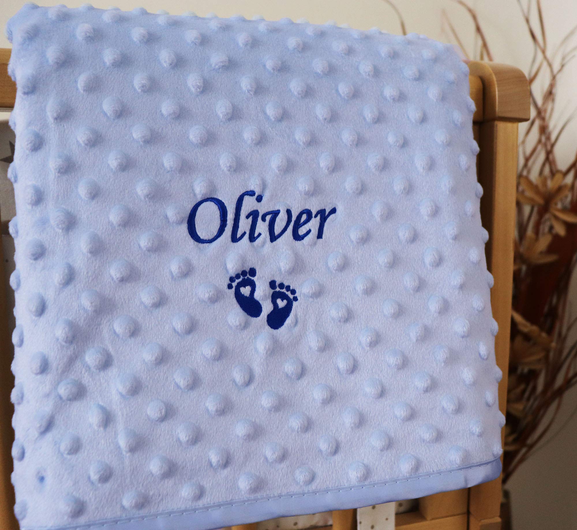 Personalised Baby Blanket Luxury Blue Bubble Script Font Name Feet Print