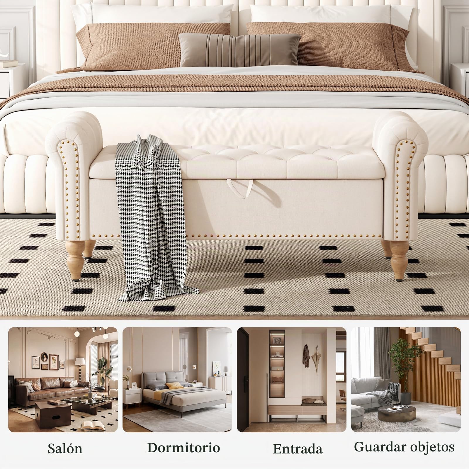 Baúl con asiento acolchado de 130 cm, puf con almacenamiento, banco plegable con reposapiés, capacidad de carga de 150 kg, revestimiento de lino, asiento acolchado para salón, dormitorio
