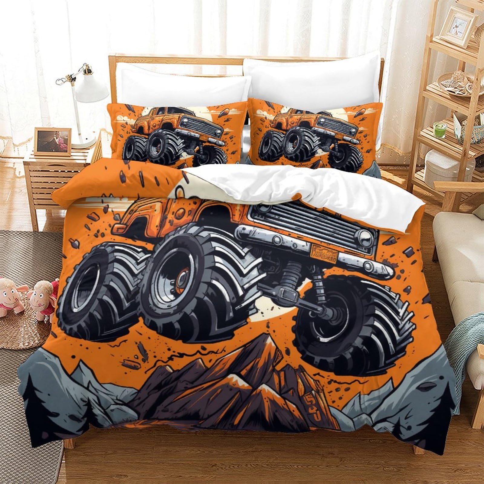 Housse de couette Monster Truck 260x220cm avec fermeture éclair pratique pour lit Super King