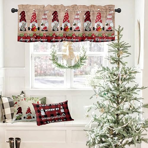 Miniatura 5 de Cenefa de cortina de cocina de gnomo de Feliz Navidad, cenefa de cortina de ventana, bolsillo para barra, 1 panel de cenefas para sala de estar,