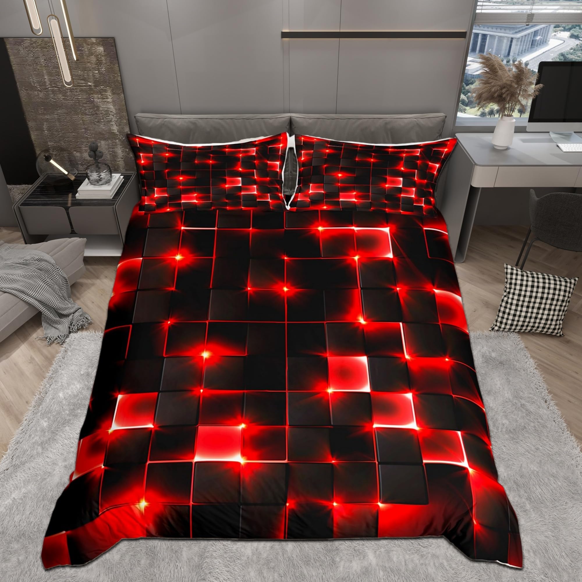 Castle Fairy Abstract Duvet Cover Set Full Size,3D Modern Cool Geometric Grid Square Comforter Cover with 2 Pillowcases,Shiny Red Neon Light Black