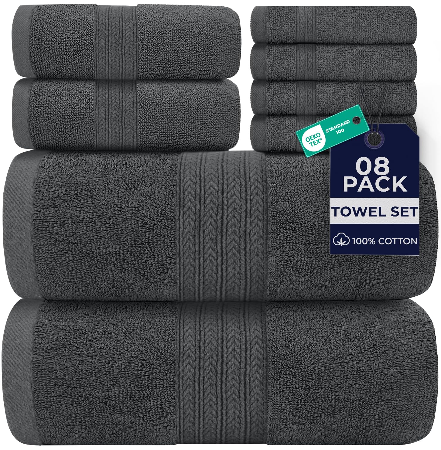 DAN RIVER 8 PC Luxury Bath Towels for Bathroom, 2 Bath, 2 Hand, and 4 Wash Cloths, 600 GSM 100% Ring Spun Cotton Towel Set, Highly Absorbent, Gym,