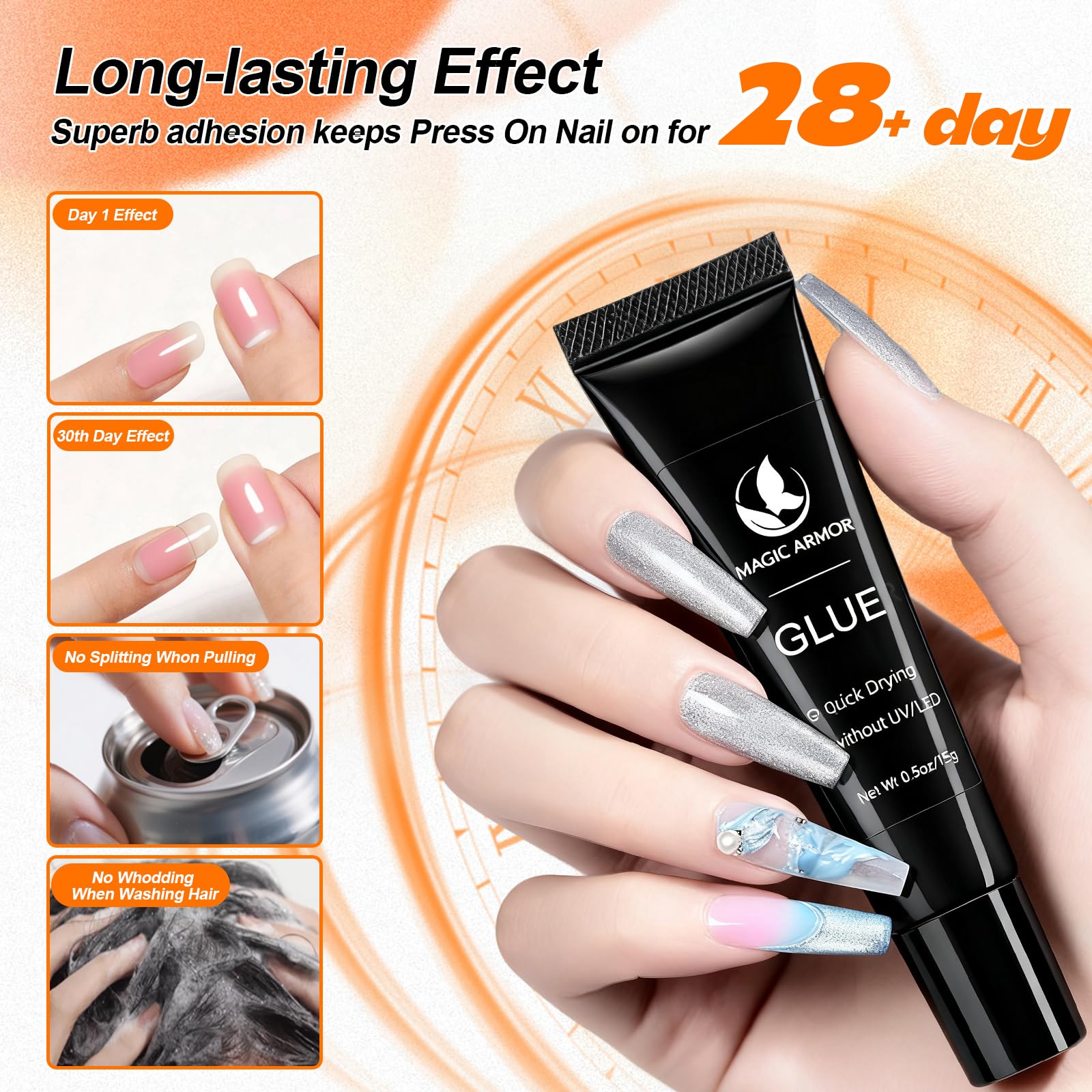 MAGIC ARMOR Klej do paznokci Press-On 15 ml, bardzo mocny, szybkoschnący klej do paznokci bez lampy UV, długotrwały chwyt do sztucznych paznokci, Press-On Nail Art