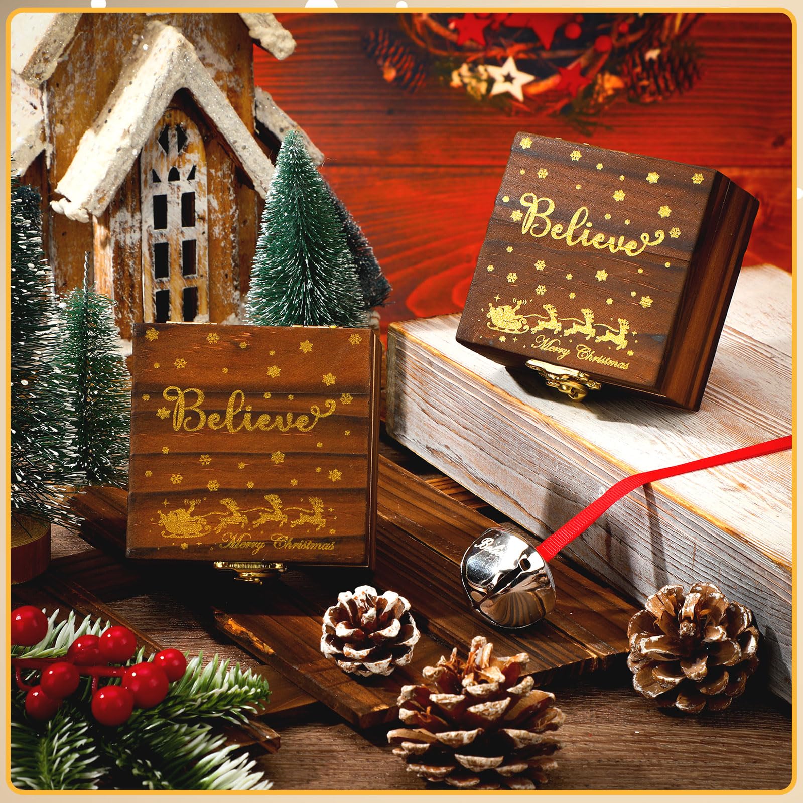 Ceenna Christmas Believe Bell Gifts Magical Polar Ornaments Bulk Santa Sleigh Bells Christmas Polar Train Party Gifts Decoration Tree Decor(Brown,2 Sets)
