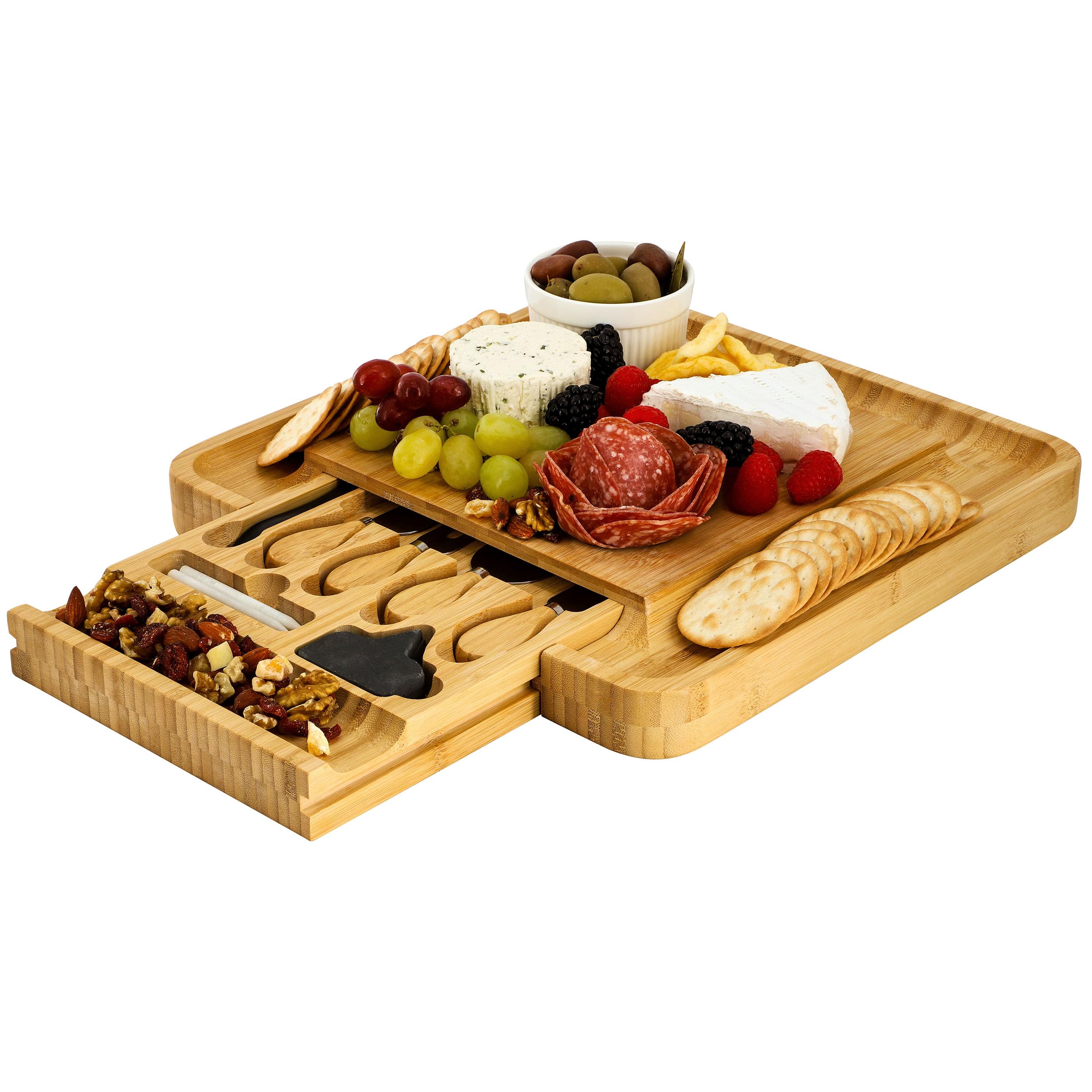 Elama Bamboo Charcuterie Cheese Board with Slide Out Drawer, Cheese Utensils, Bottle Opener, and 3 Piece Mini Chalkboard Set