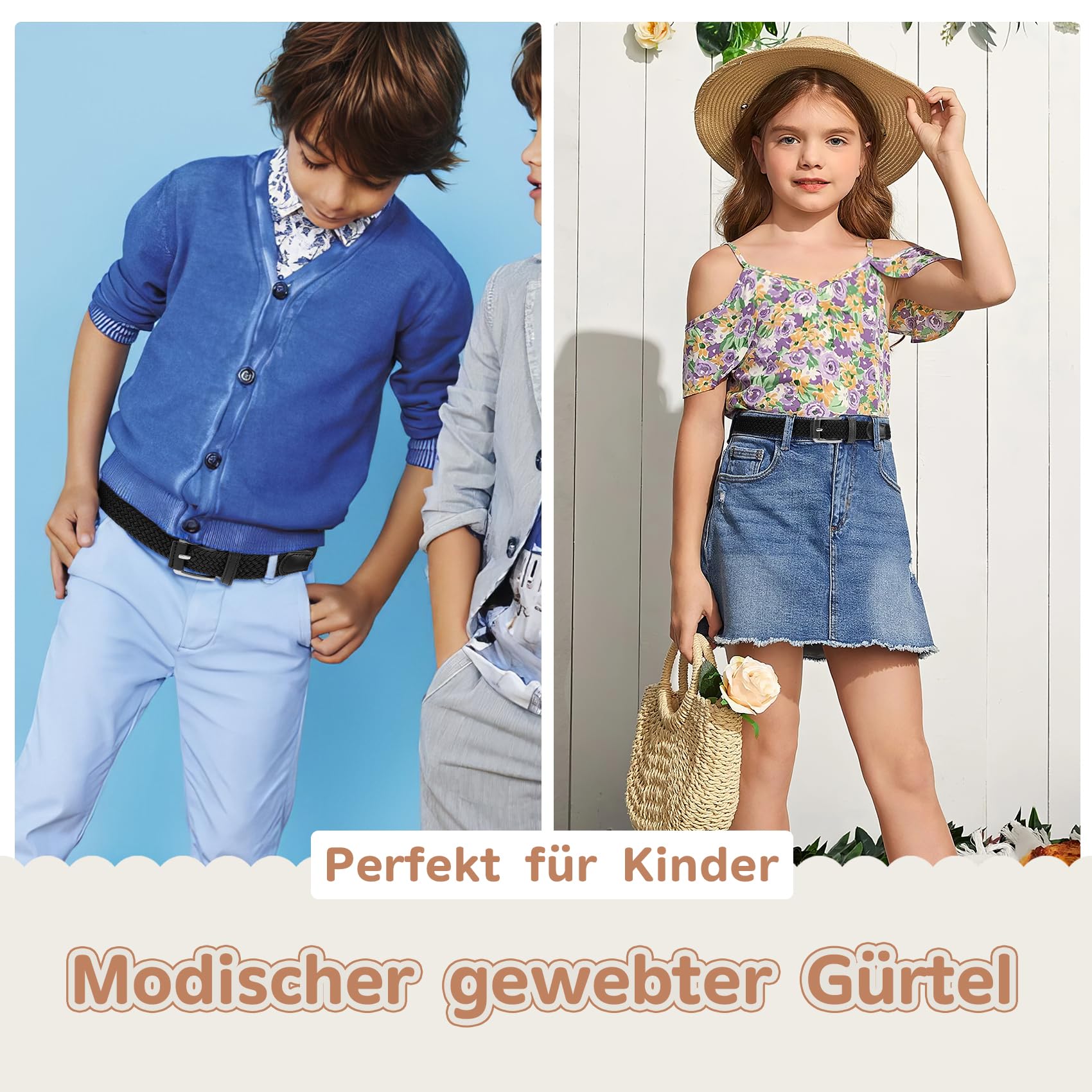 WHIPPY Kinder Gürtel Elastik Unisex Geflochtener elastischer Stretch Gürtel gewebter gürtel für Jungen und Mädchen Endspitze aus Leder mit Dornschließe, 3 cm breite