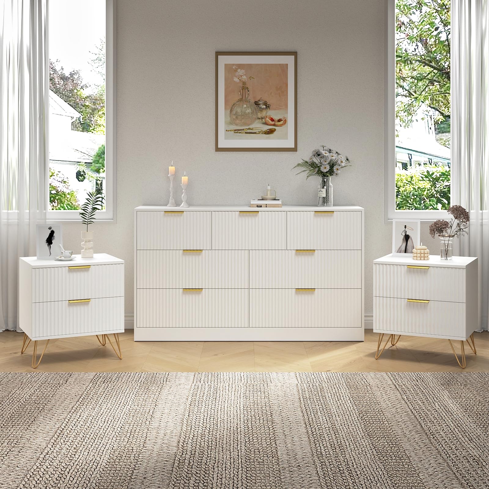 NOVAMAISON 7 Drawer Dresser and Nightstand Sets, 3 Pcs Bedroom Set for Bedroom, Fluted Night Stand Set of 2 & 55