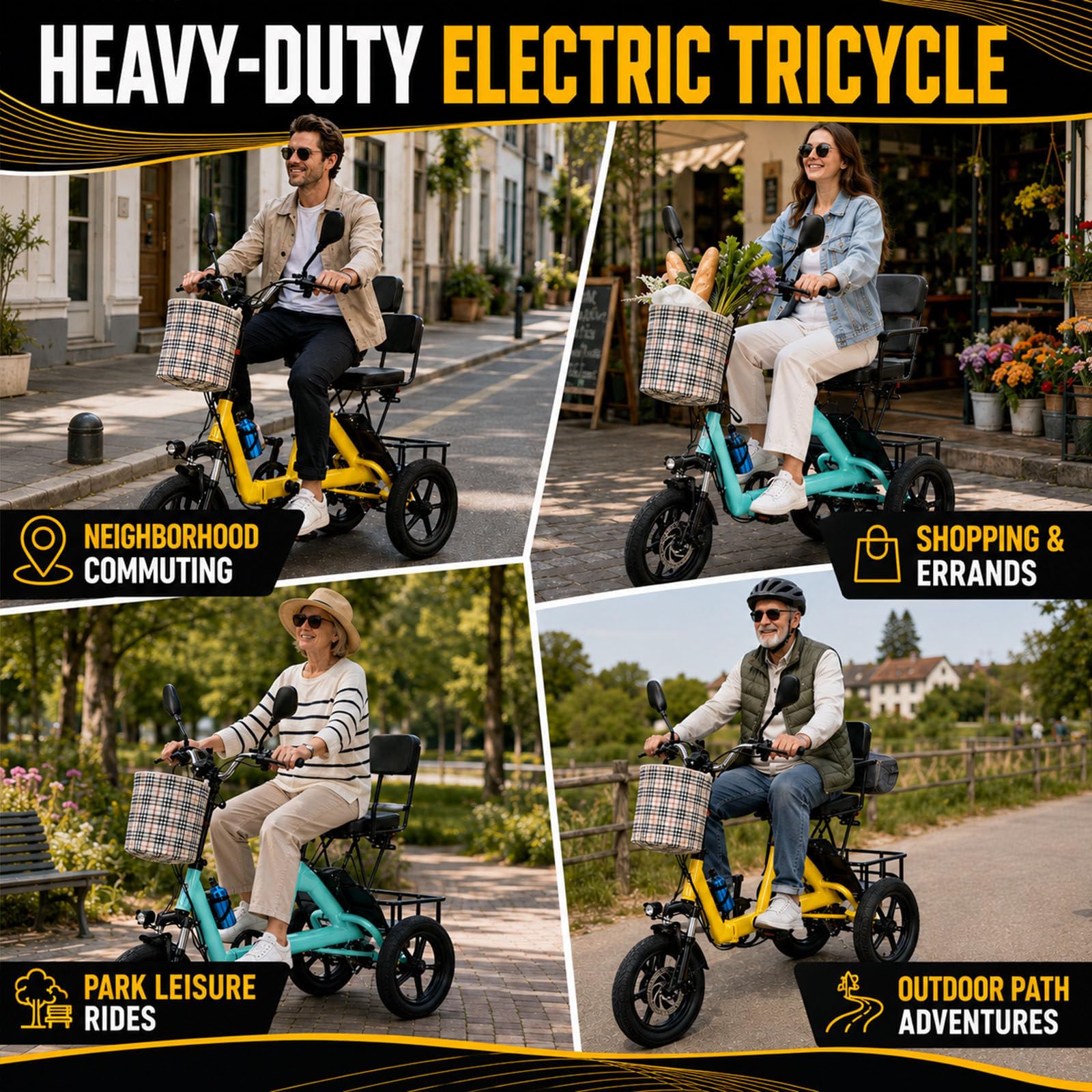 Triciclo Elettrico per Adulti, Ideale per Anziani E Pendolari, con 3 modalità di Guida, Pieghevole, velocità Massima 20 Km/H, Autonomia 40 Km E Portata Massima 200 kg Yellow