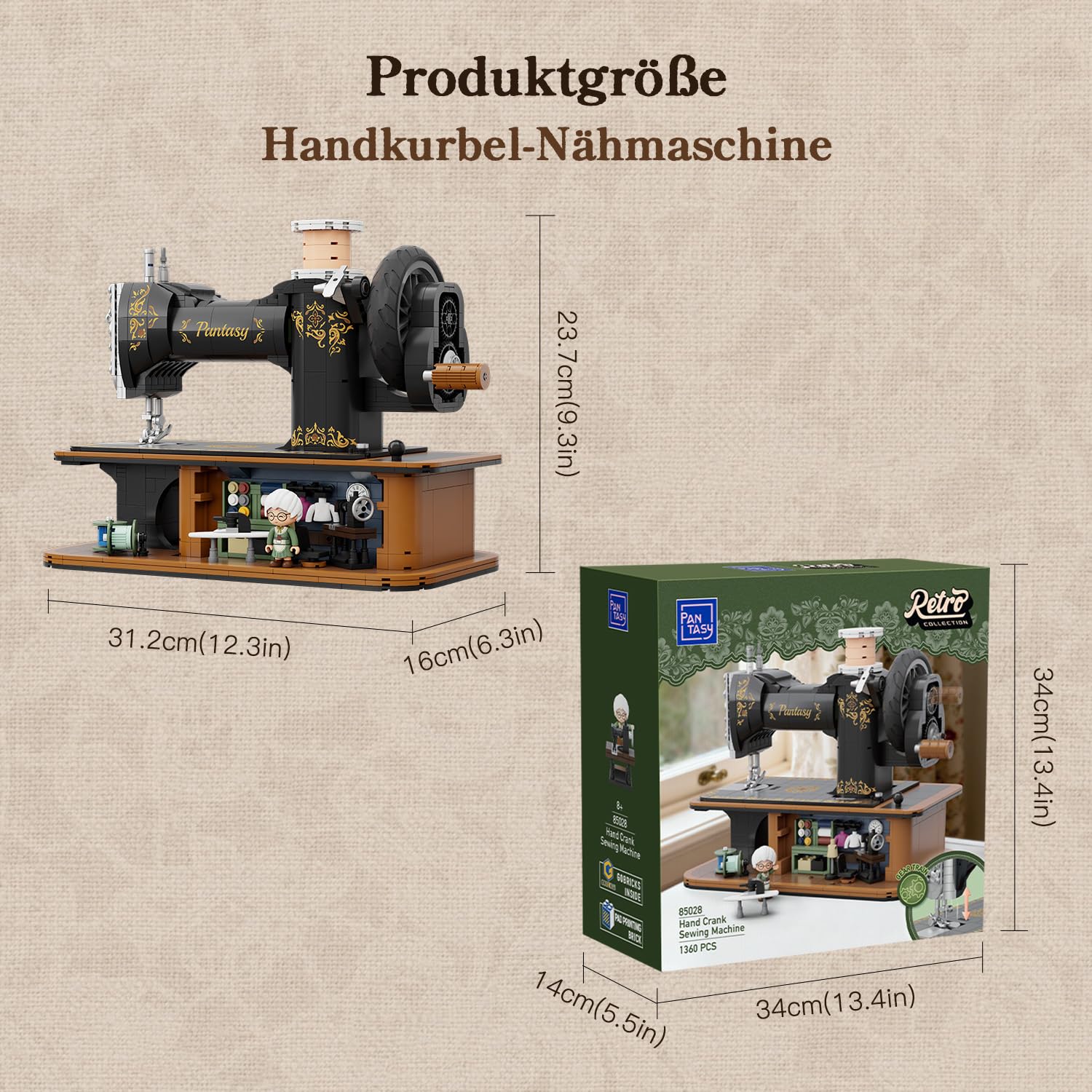 PANTASY Retro Nähmaschine Klemmbausteine Set | Vintage-Modell mit Handkurbel, funktionierendem Zahnradmechanismus und versteckter Mini-Schneiderei zum Ausstellen