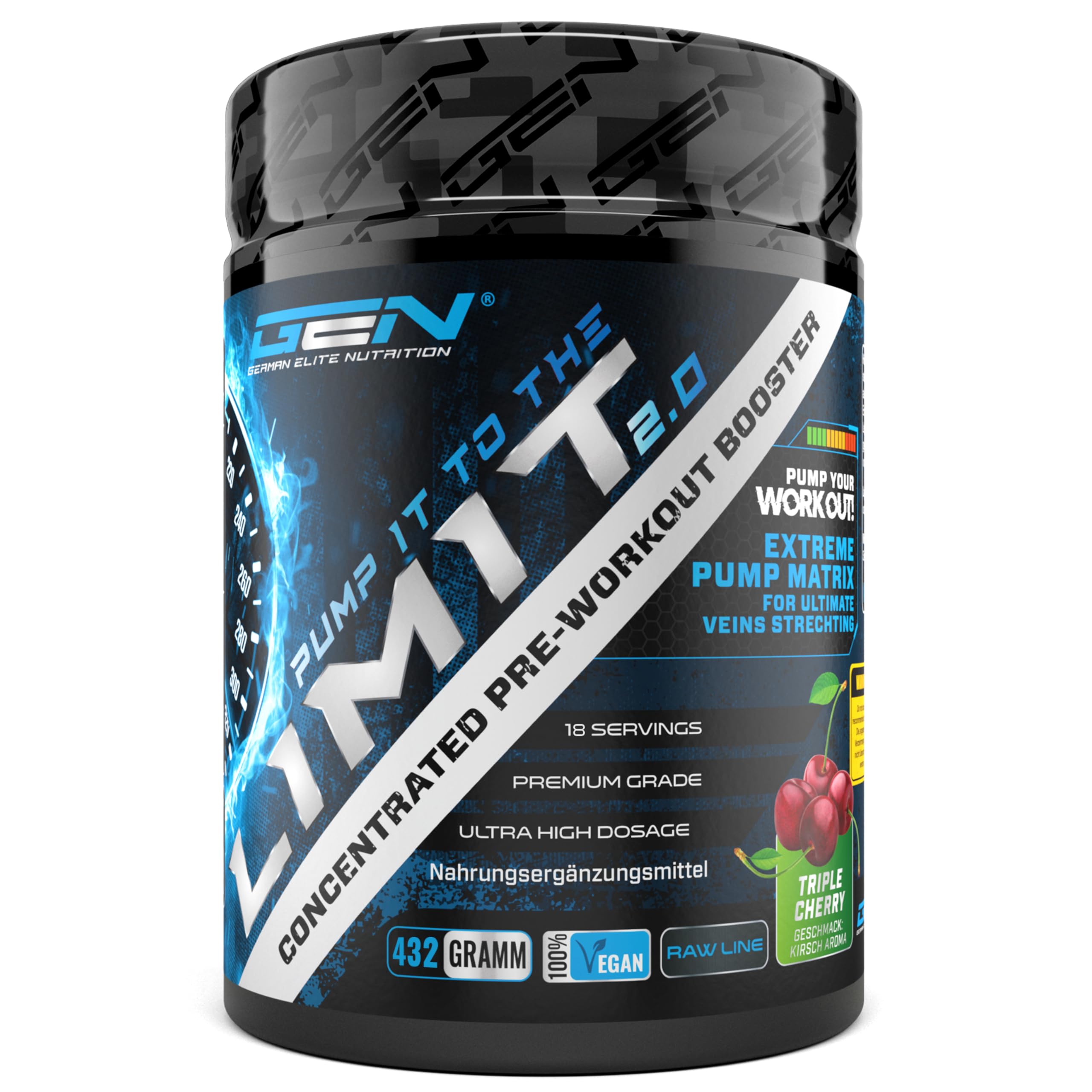 Pump it to the Limit - Pump Booster - Dose altissima - Pre-allenamento Citrullina + AAKG + Taurina + L-Ornitina + Estratto di Barbabietola - Senza Caffeina - 432 g di polvere - Gusto Tripla Ciliegia