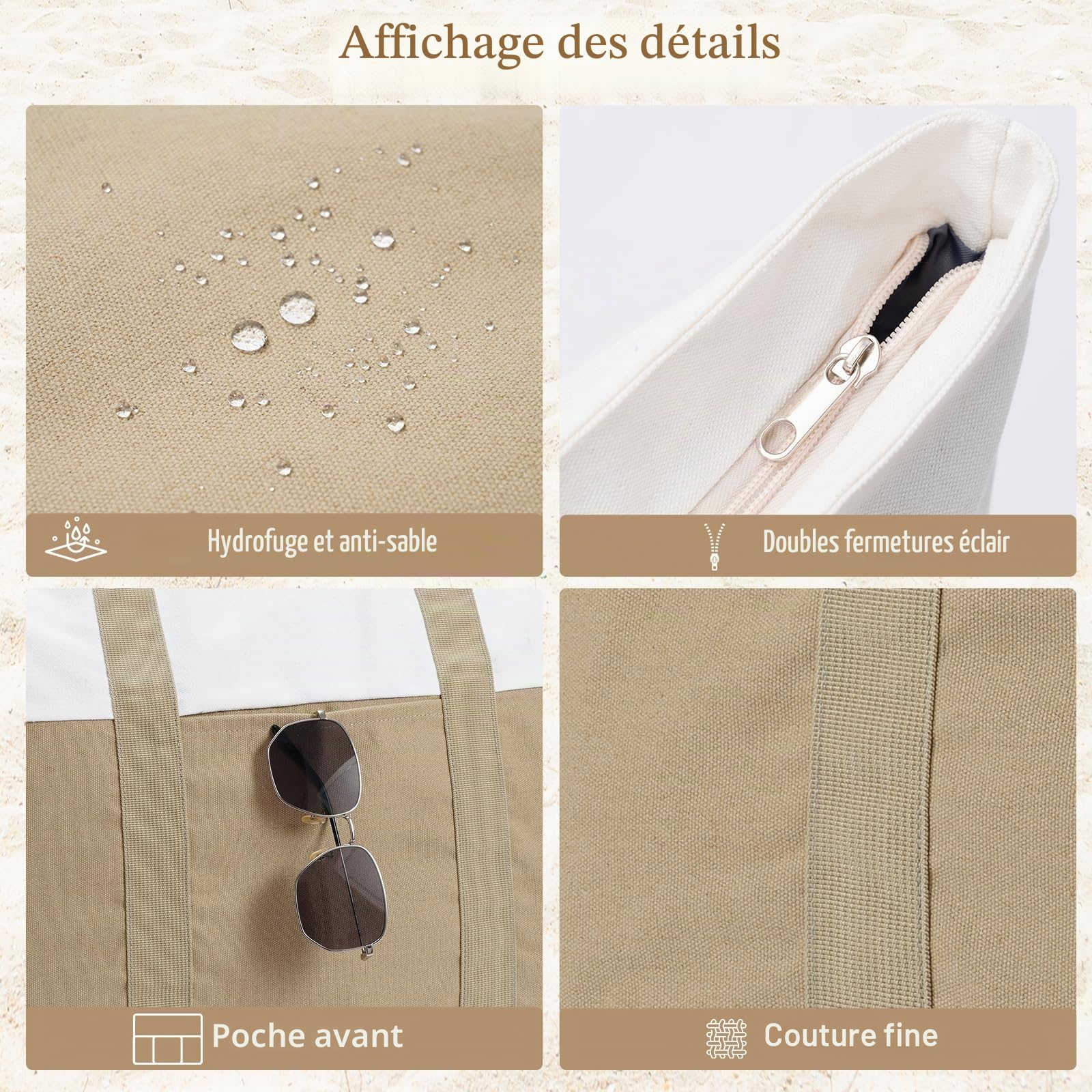 Grand sac de plage pour femme avec fermeture éclair et sangle porte-chapeau, sac de natation imperméable